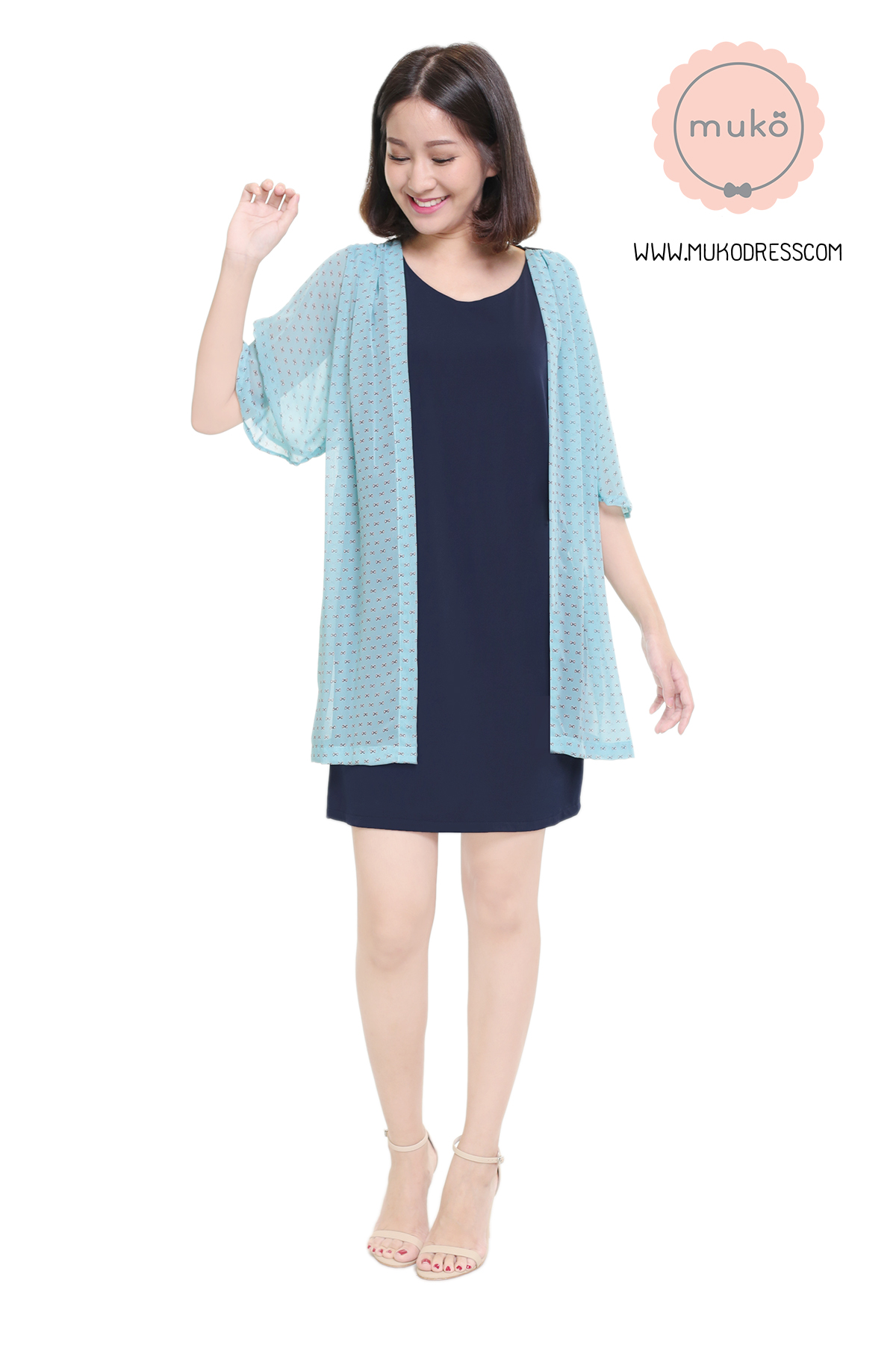 Muko Bella Rose เดรสให้นม คลุมท้อง DP04-015 กรม-ฟ้าโบว์