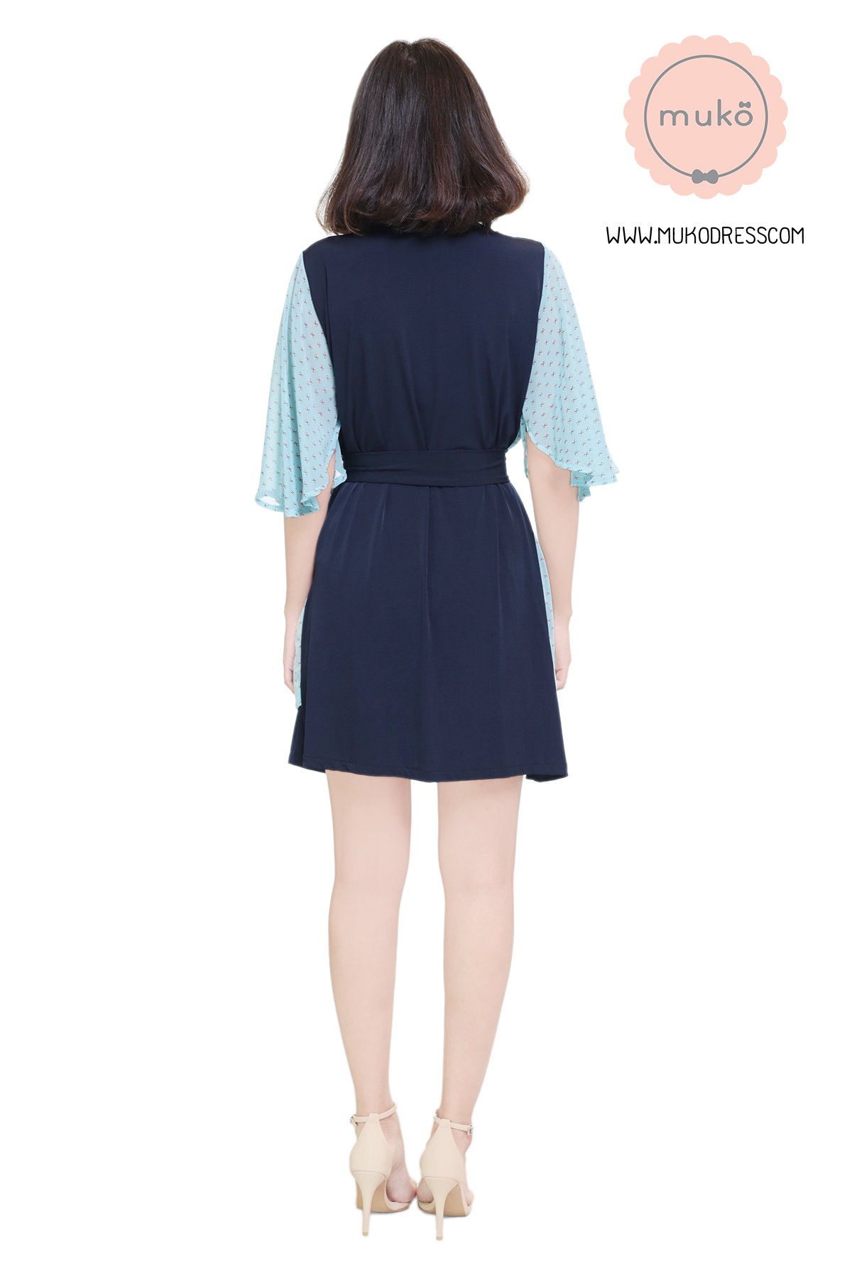 Muko Bella Rose เดรสให้นม คลุมท้อง DP04-015 กรม-ฟ้าโบว์