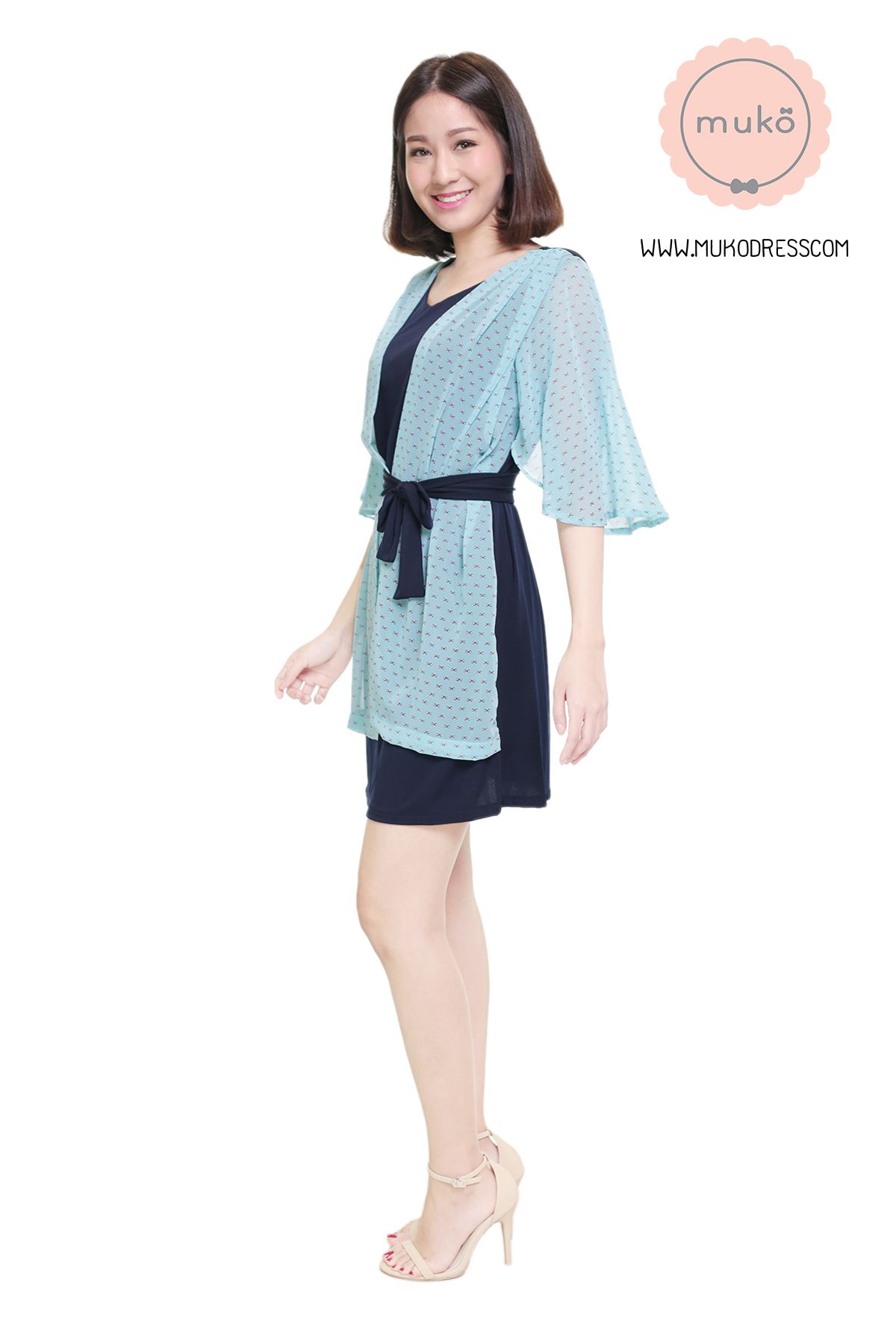 Muko Bella Rose เดรสให้นม คลุมท้อง DP04-015 กรม-ฟ้าโบว์