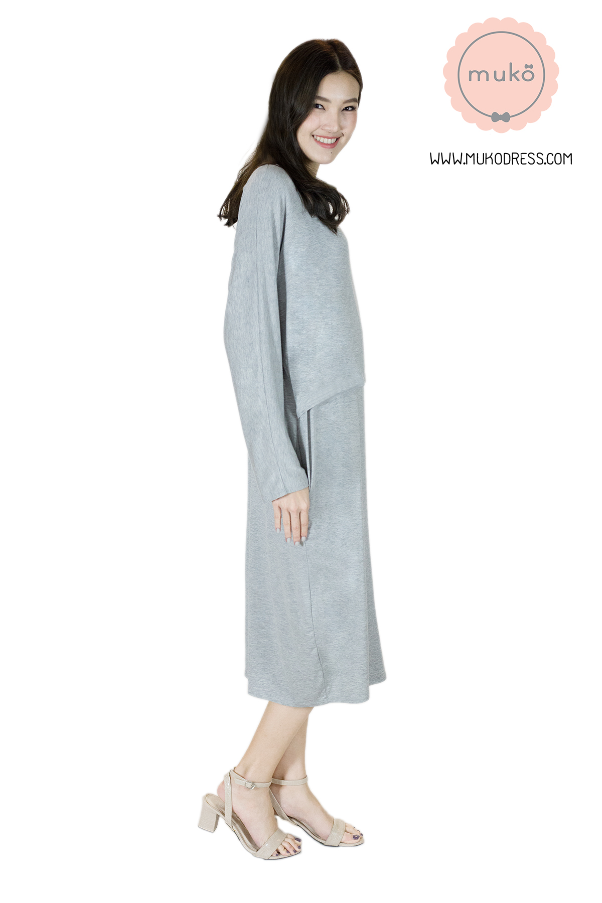 Muko Mana เดรสแขนยาวให้นม คลุมท้อง  DR19-001 สีเทาอ่อน