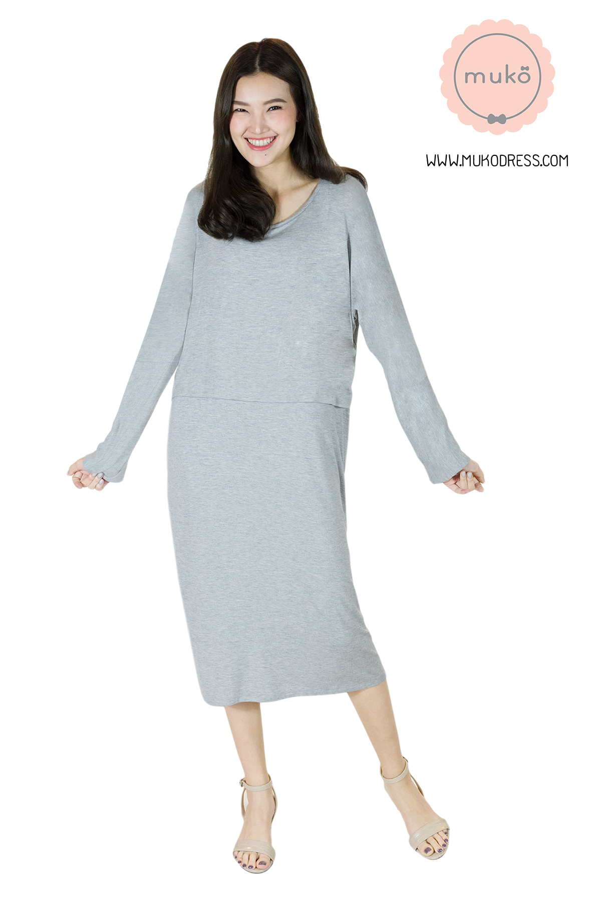Muko Mana เดรสแขนยาวให้นม คลุมท้อง  DR19-001 สีเทาอ่อน