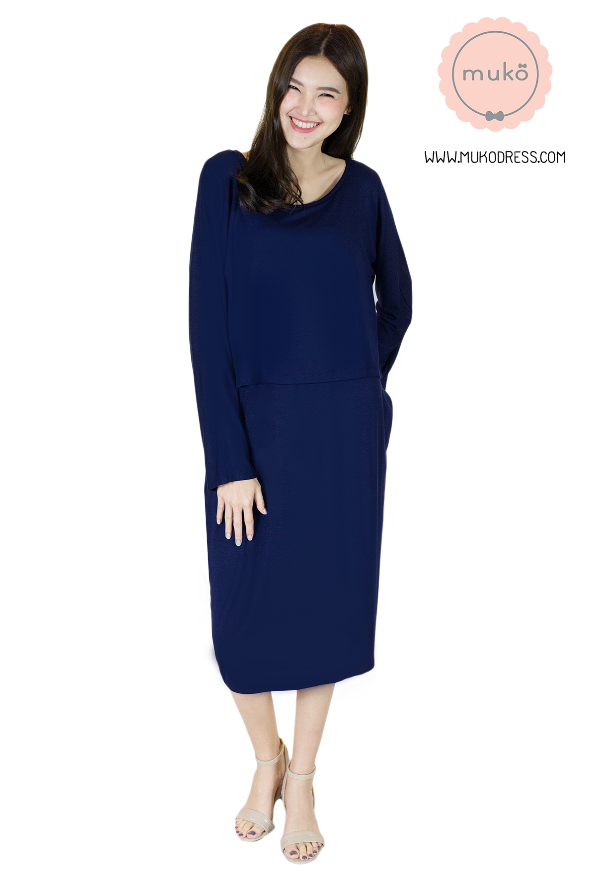 Muko Mana เดรสแขนยาวให้นม คลุมท้อง DR19-002 สีกรม