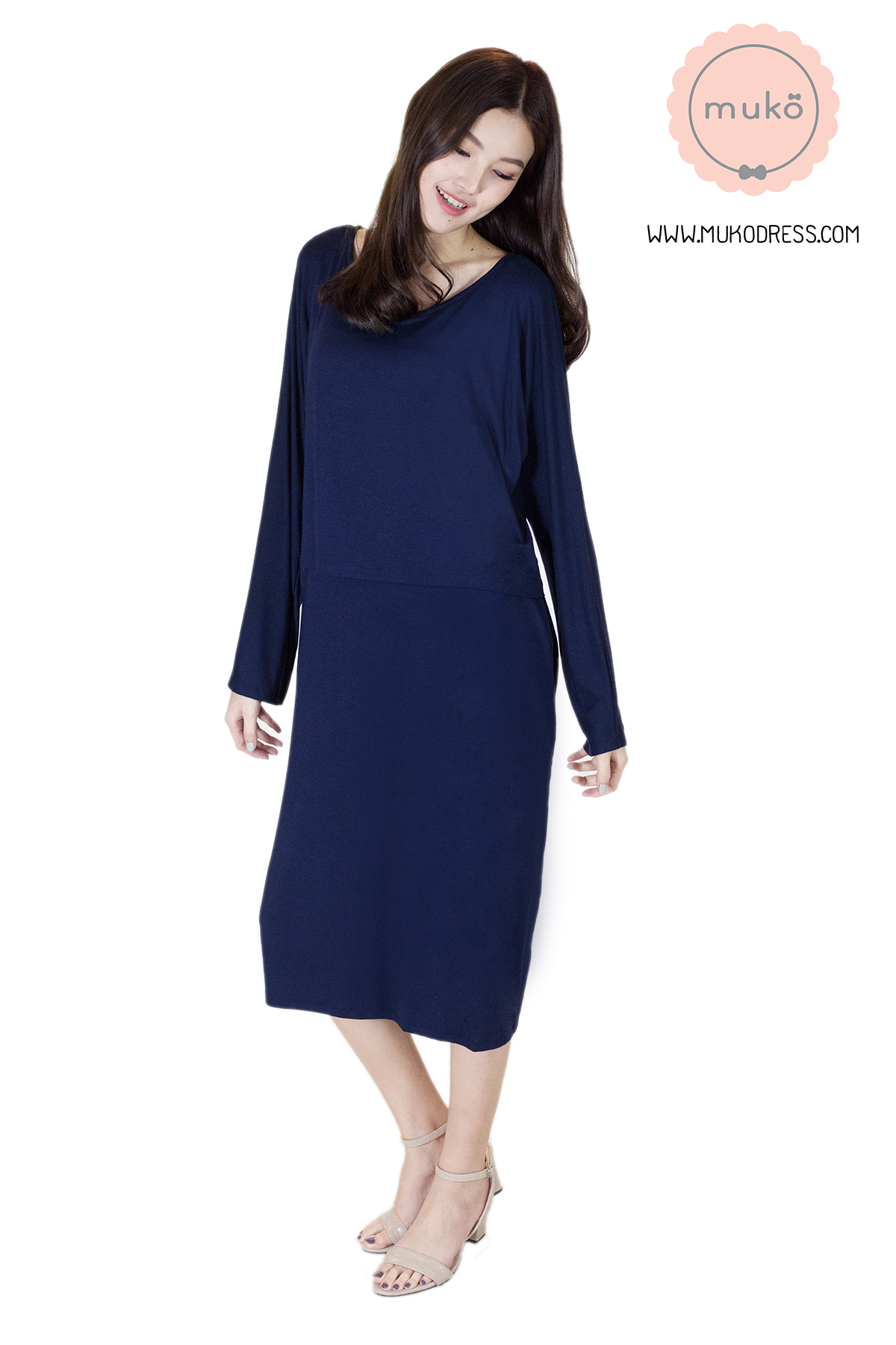 Muko Mana เดรสแขนยาวให้นม คลุมท้อง DR19-002 สีกรม