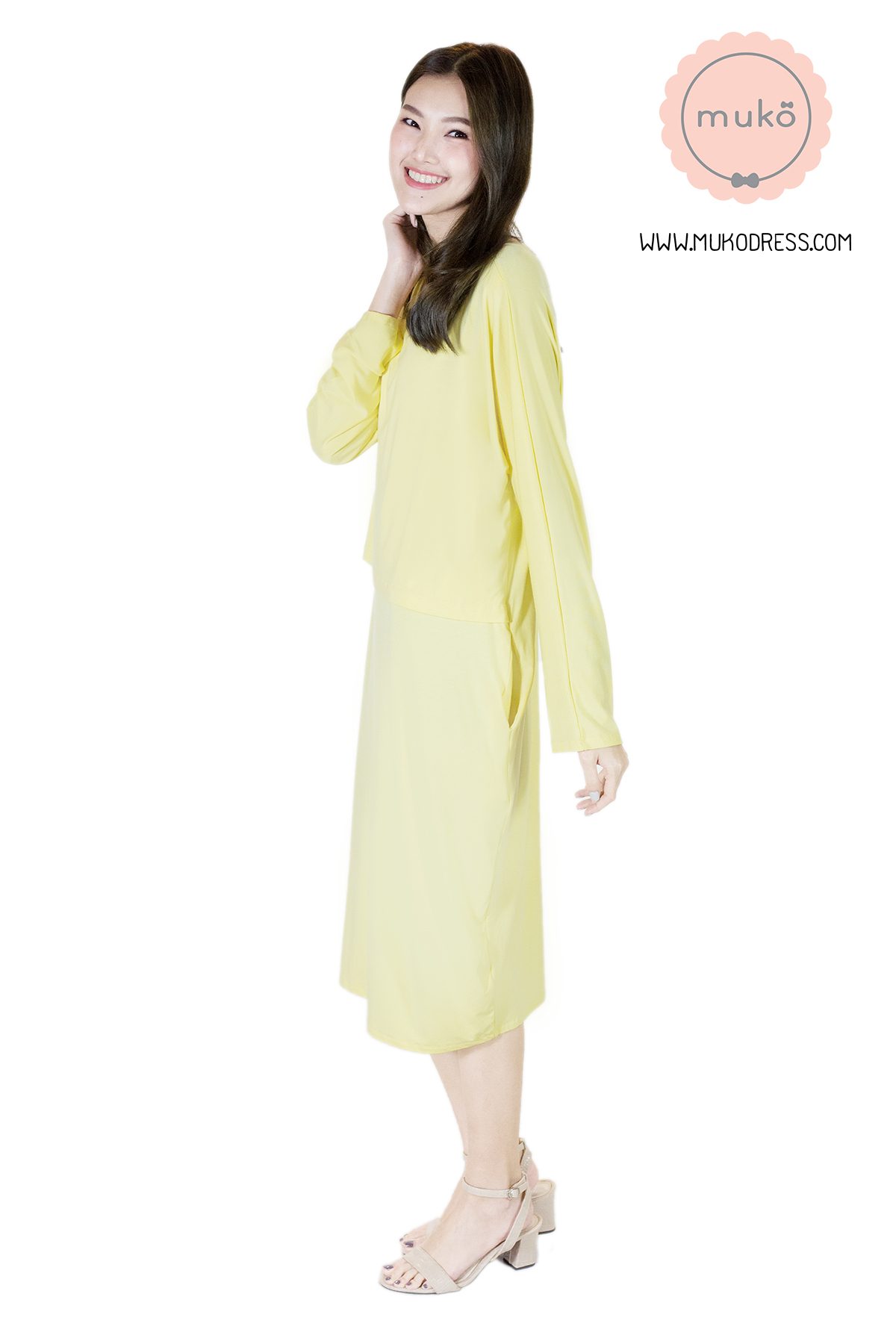 Muko Mana เดรสแขนยาวให้นม คลุมท้อง DR19-006  สีเหลือง