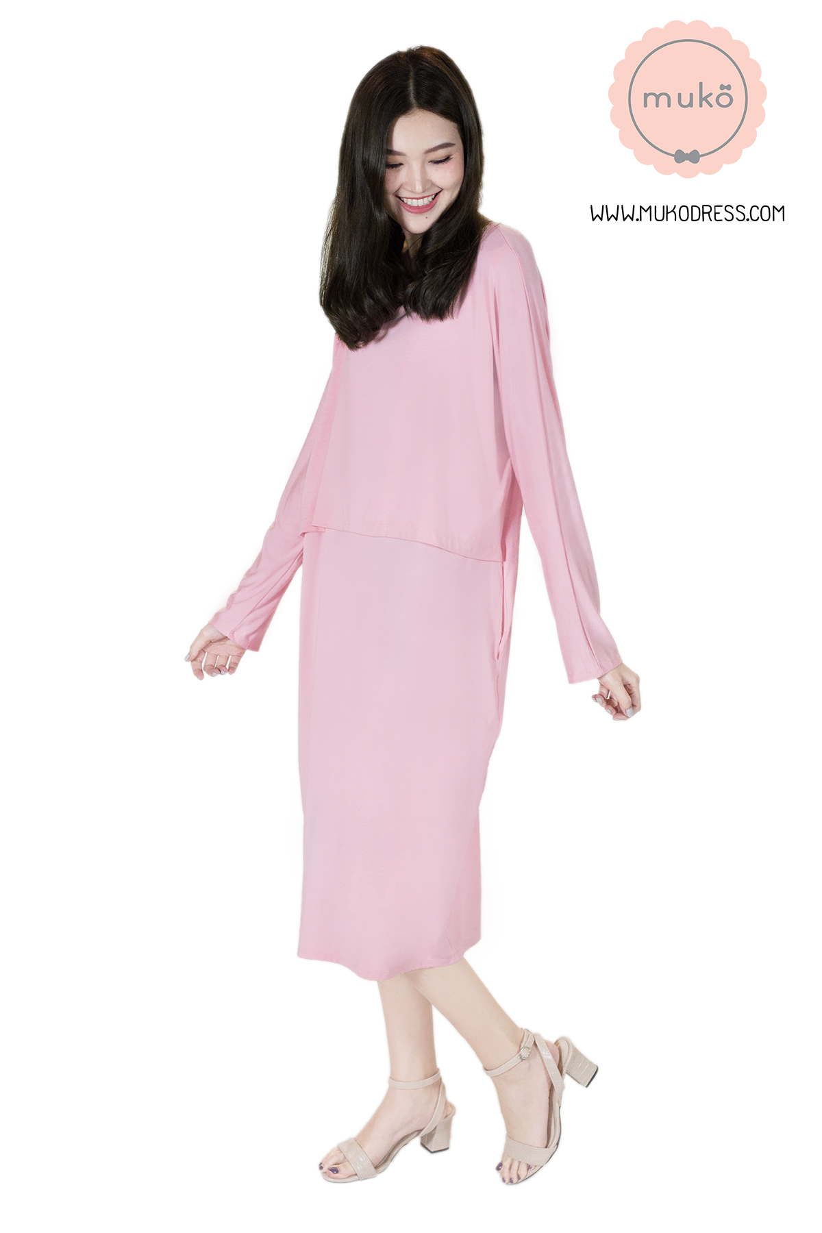 Muko Mana เดรสแขนยาวให้นม คลุมท้อง  DR19-007 สีชมพู