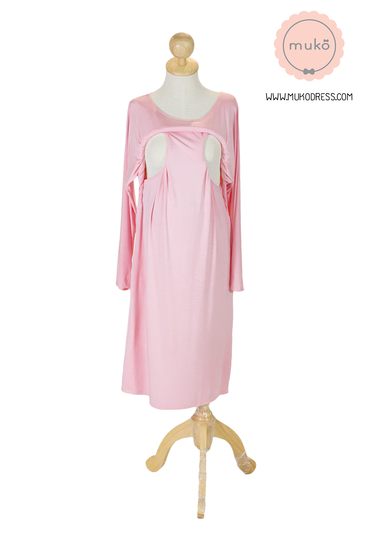 Muko Mana เดรสแขนยาวให้นม คลุมท้อง  DR19-007 สีชมพู