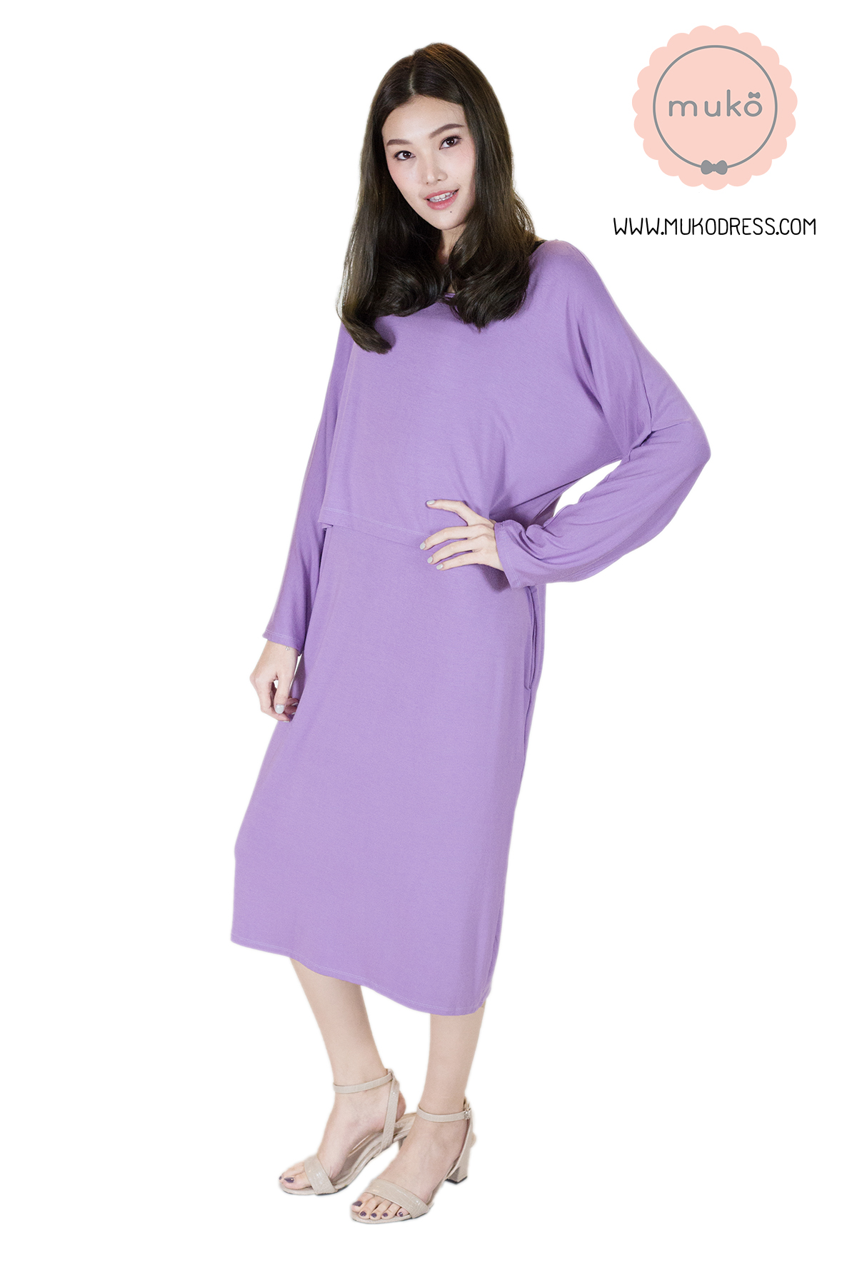 Muko Mana เดรสแขนยาวให้นม คลุมท้อง  DR19-008 สีม่วง