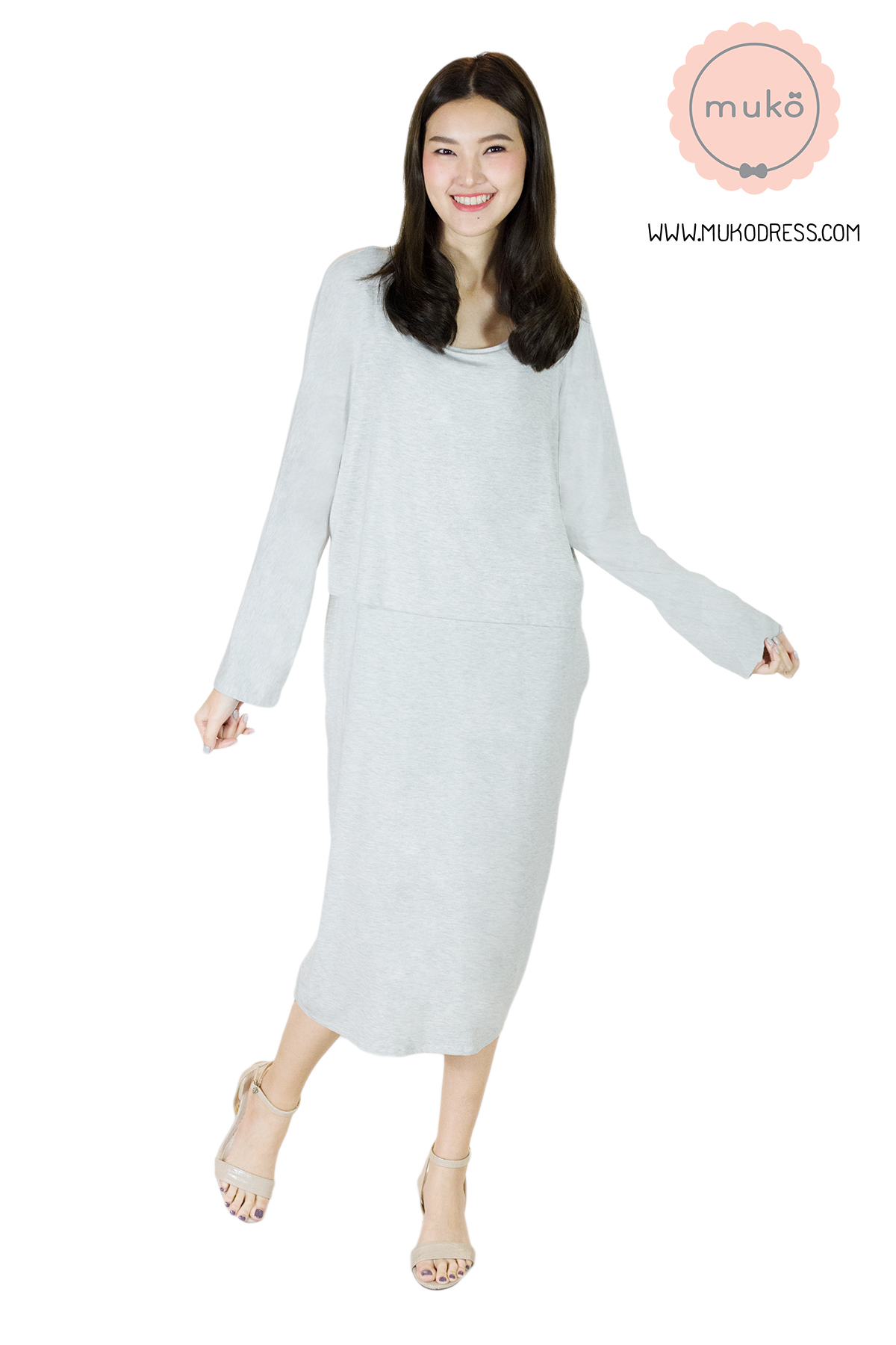 Muko Mana เดรสแขนยาวให้นม คลุมท้อง  DR19-010 สีเทาอ่อนมาก