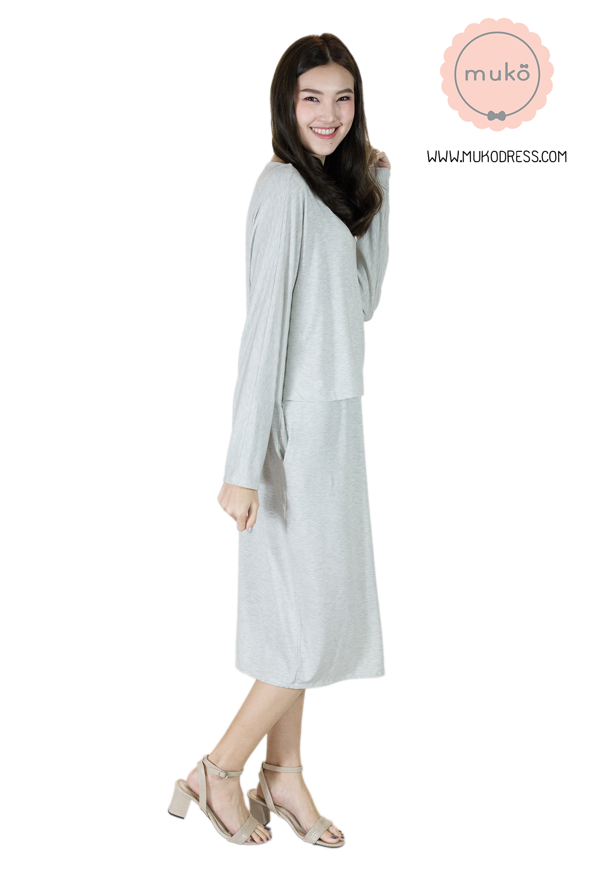 Muko Mana เดรสแขนยาวให้นม คลุมท้อง  DR19-010 สีเทาอ่อนมาก