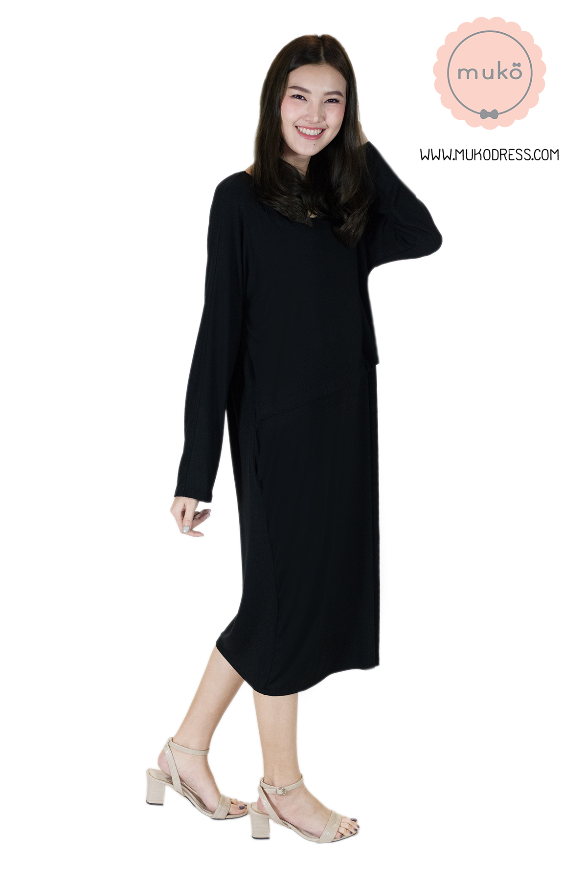 Muko Mana เดรสแขนยาวให้นม คลุมท้อง DR19-011 สีดำ