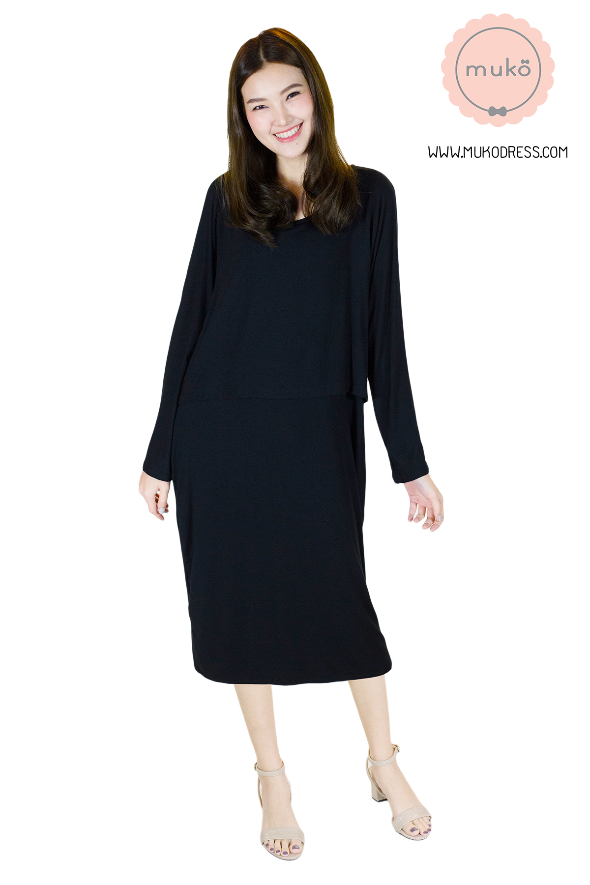 Muko Mana เดรสแขนยาวให้นม คลุมท้อง DR19-011 สีดำ