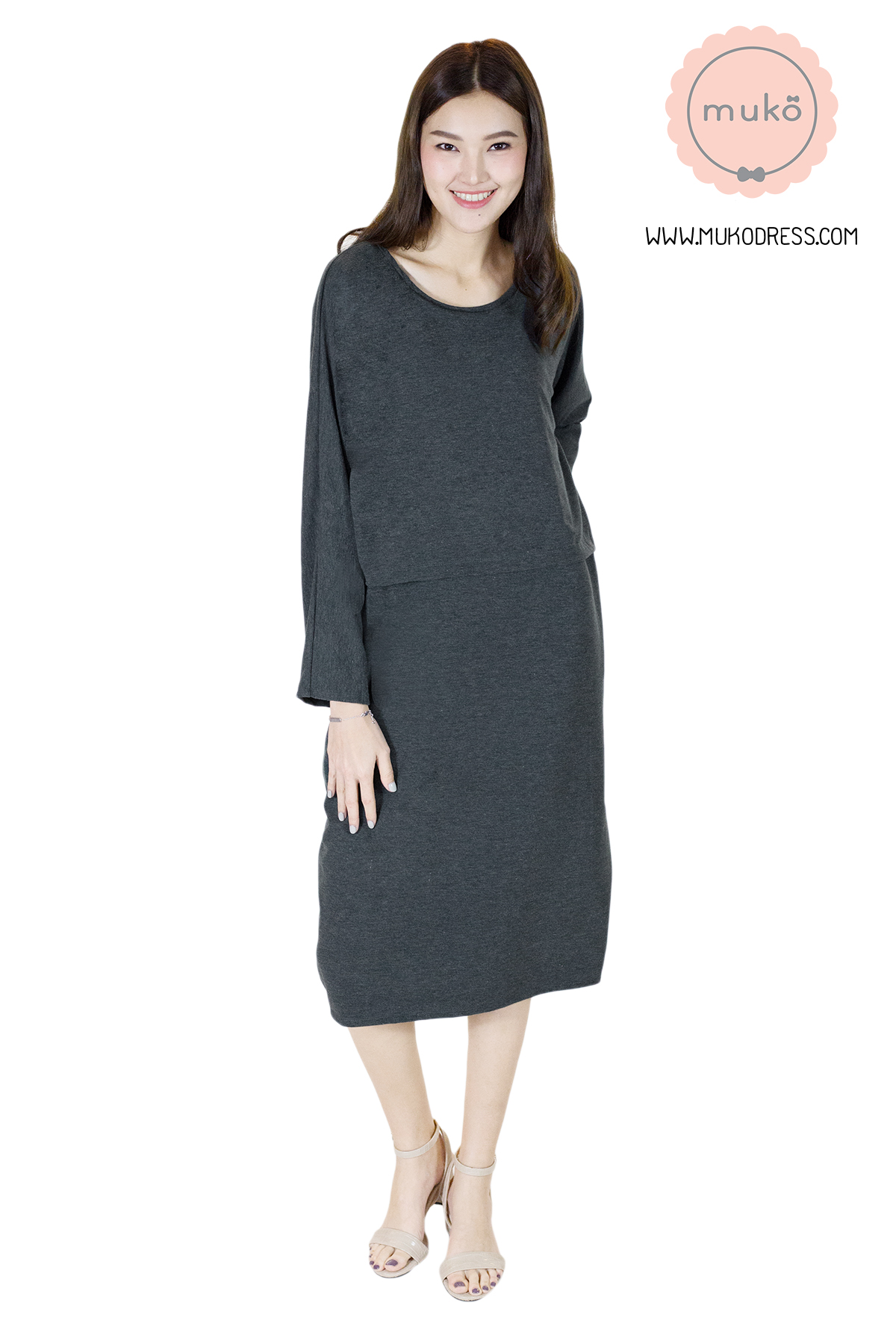 Muko Mana เดรสแขนยาวให้นม คลุมท้อง  DR19-012 สีเทาเข้ม