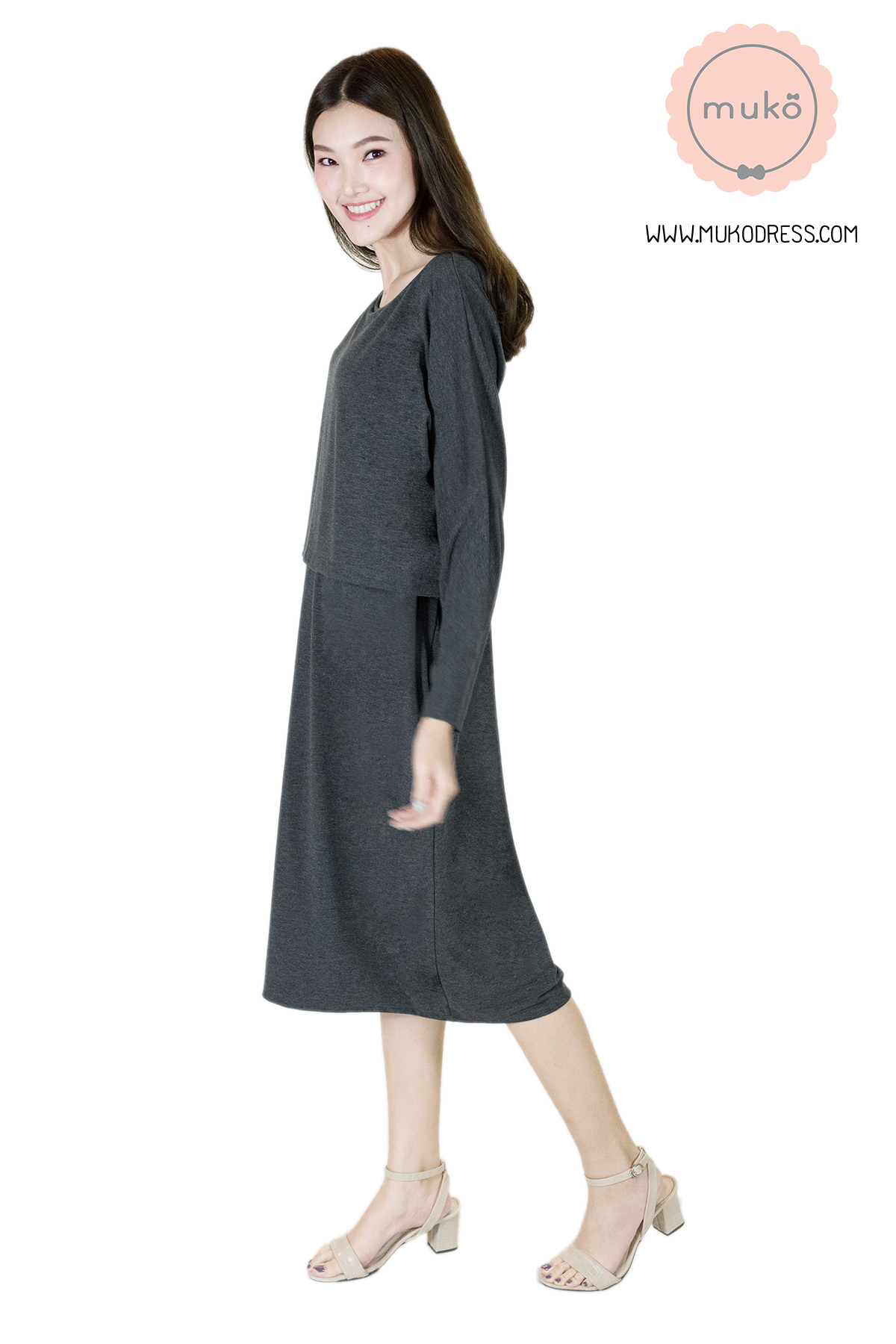 Muko Mana เดรสแขนยาวให้นม คลุมท้อง  DR19-012 สีเทาเข้ม