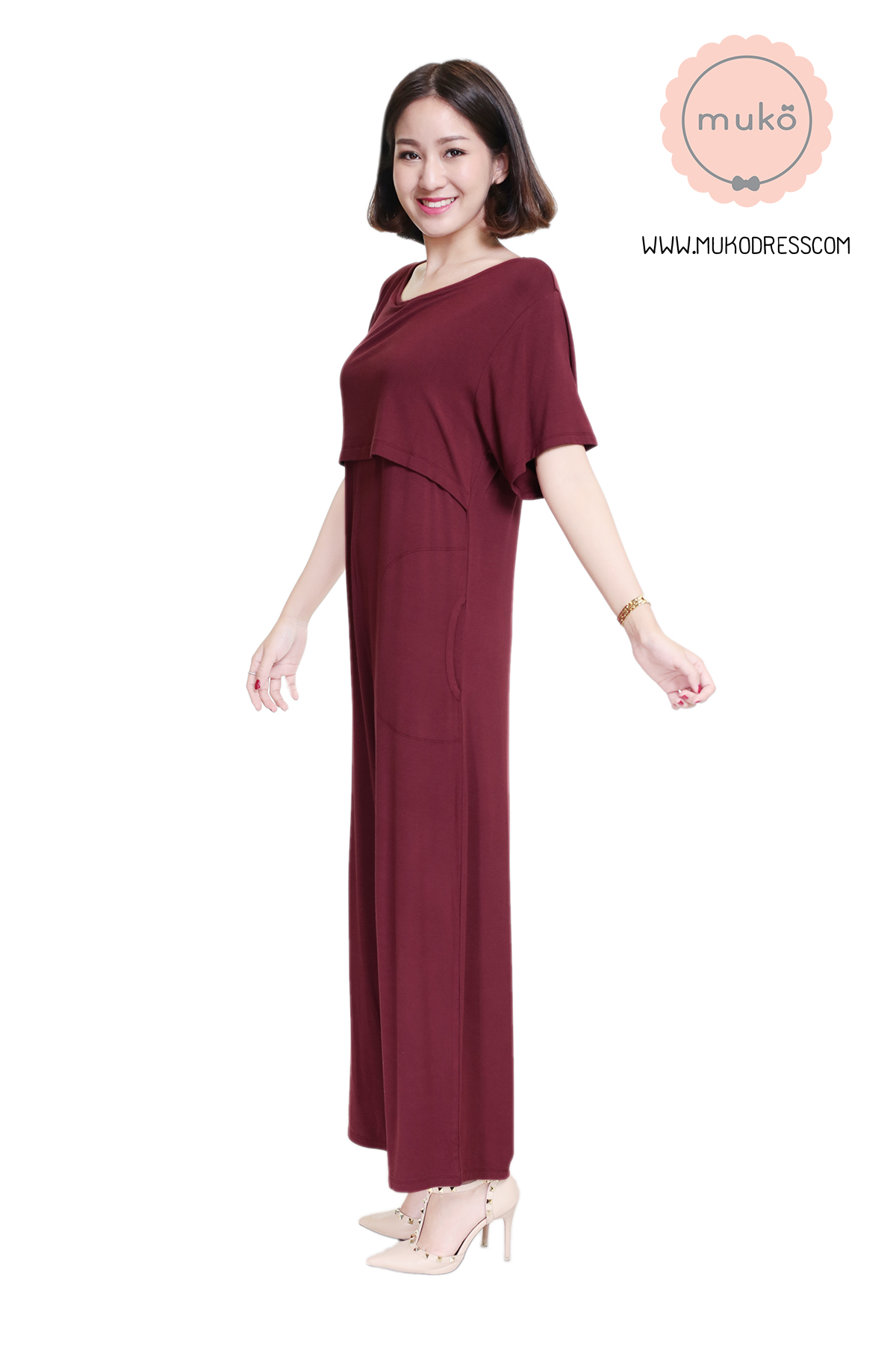 Muko Kathleen จัมพ์สูท เปิดให้นม คลุมท้อง JS03-005 แดงเลือดหมู