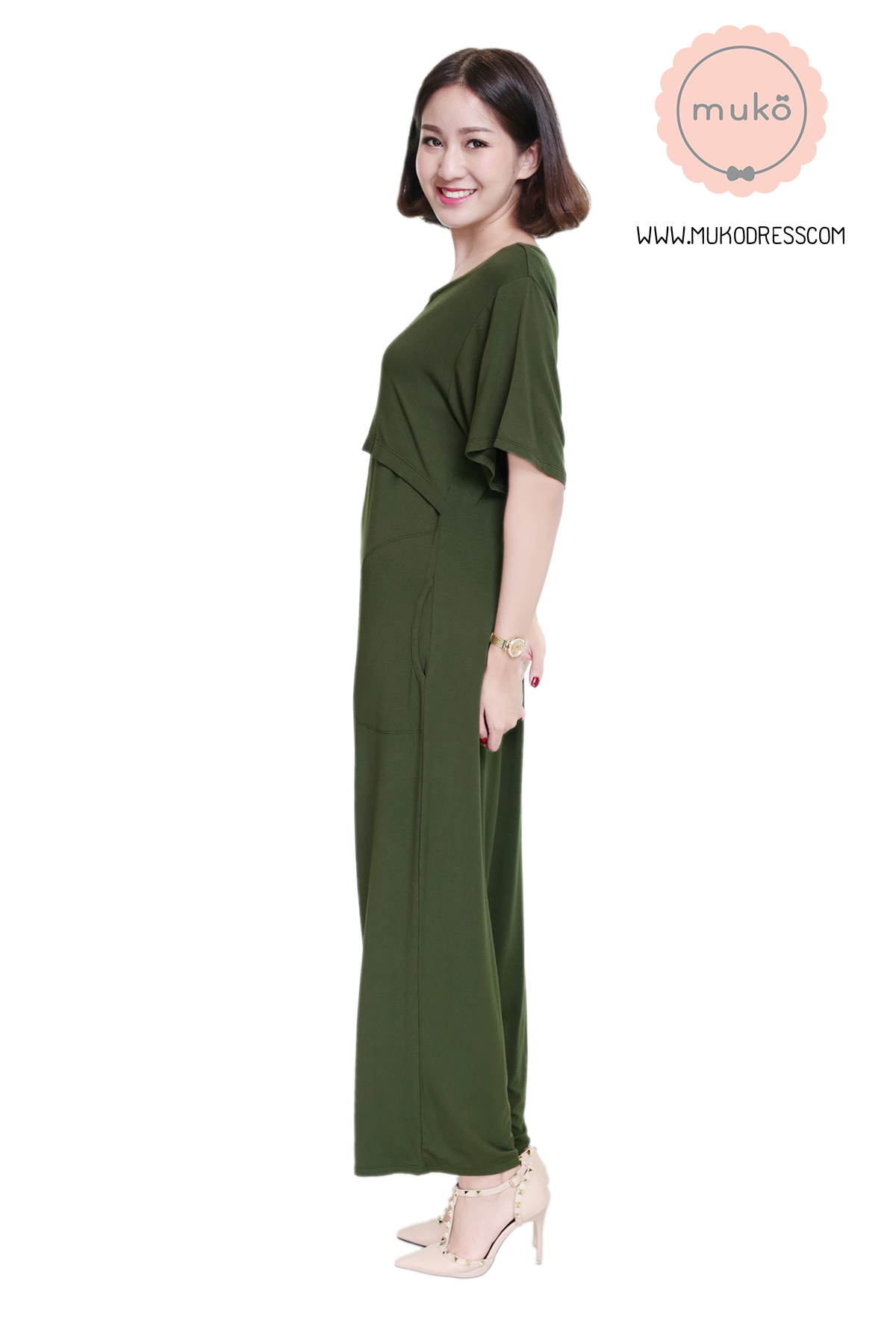 Muko Kathleen จัมพ์สูท เปิดให้นม คลุมท้อง JS03-008 เขียวขี้ม้า