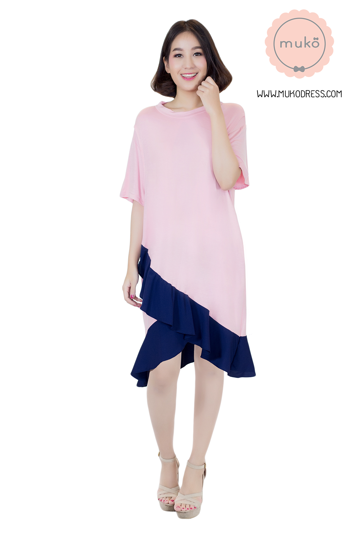Muko Pita เดรสให้นม คลุมท้อง DR21-007 ชมพู-กรมท่า