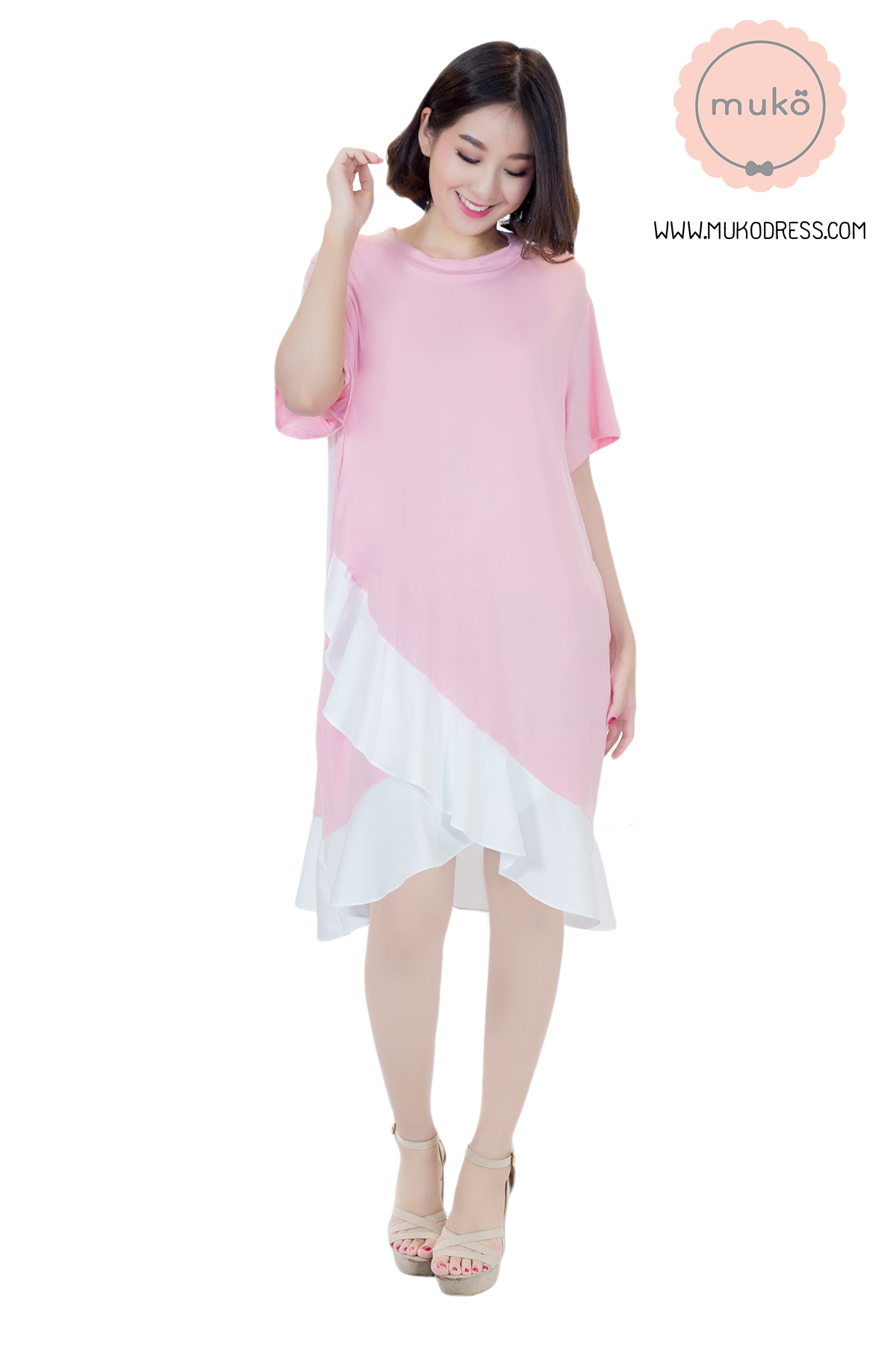 Muko Pita เดรสให้นม คลุมท้อง  DR21-008 ชมพู-ขาว
