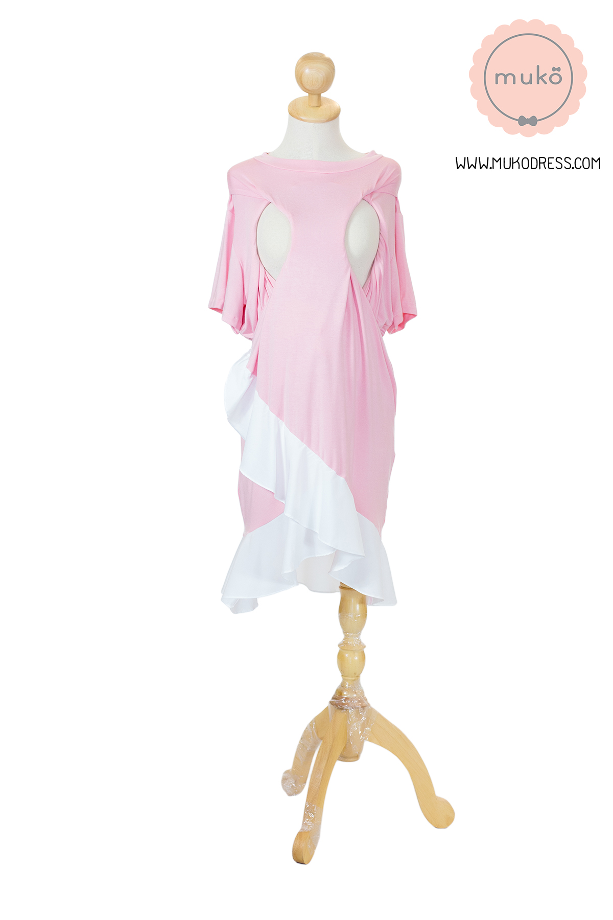 Muko Pita เดรสให้นม คลุมท้อง  DR21-008 ชมพู-ขาว