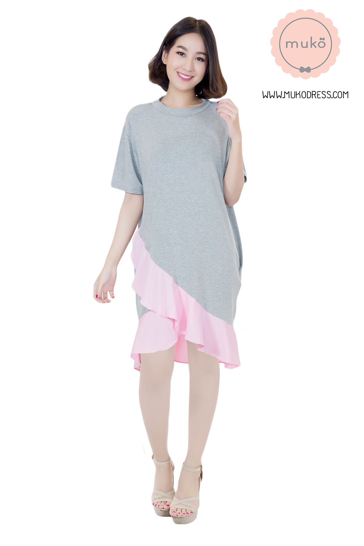 Muko Pita เดรสให้นม คลุมท้อง DR21-012 เทาอ่อน-ชมพู