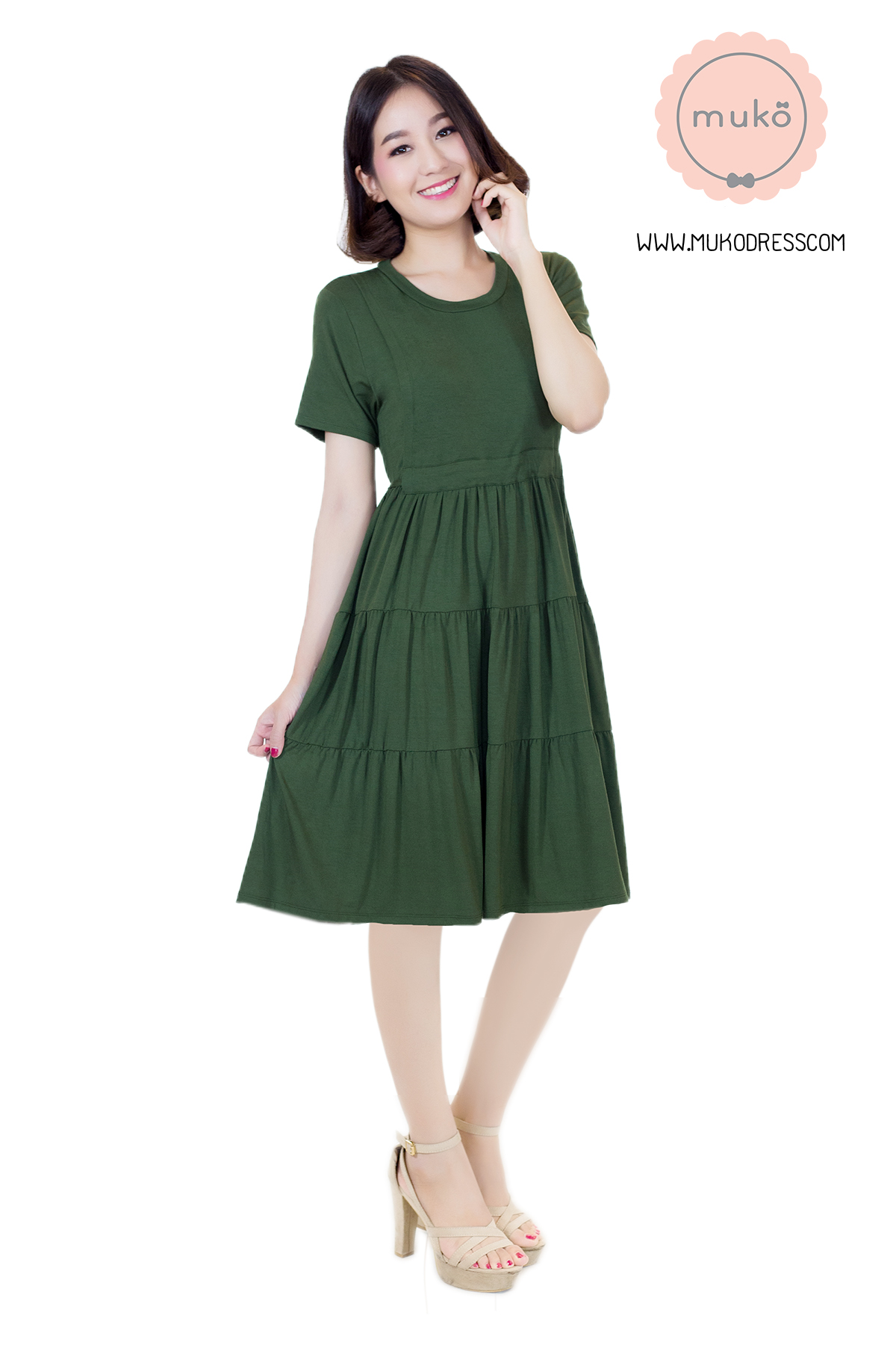 Muko Bello Betty เดรสให้นม คลุมท้อง DR02-014 เขียวขี้ม้า Muko Bello Betty เดรสให้นม คลุมท้อง DR02-014 เขียวขี้ม้า
