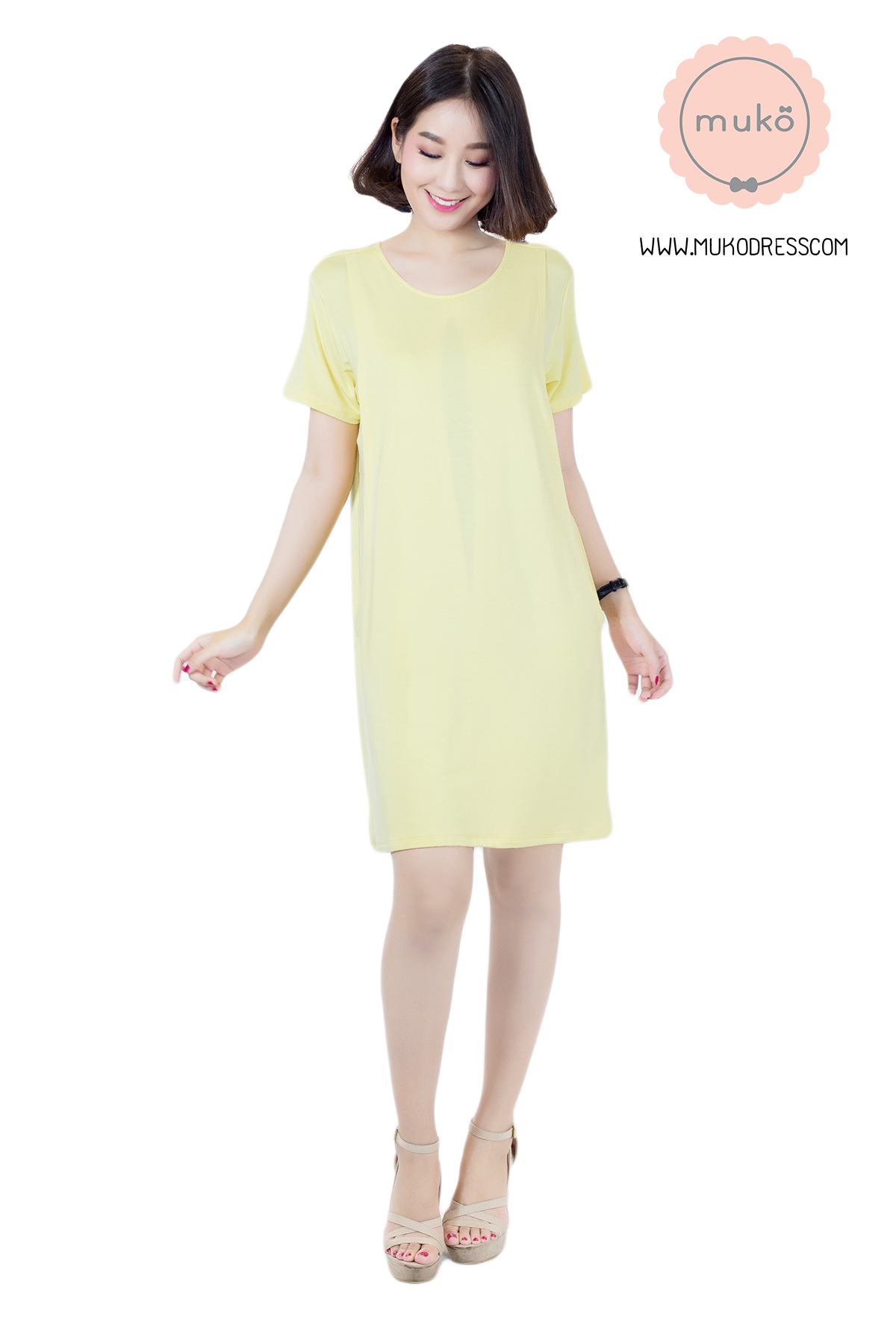 Muko Shilin เดรสให้นม คลุมท้อง  DR12-013 สีเหลืองนม