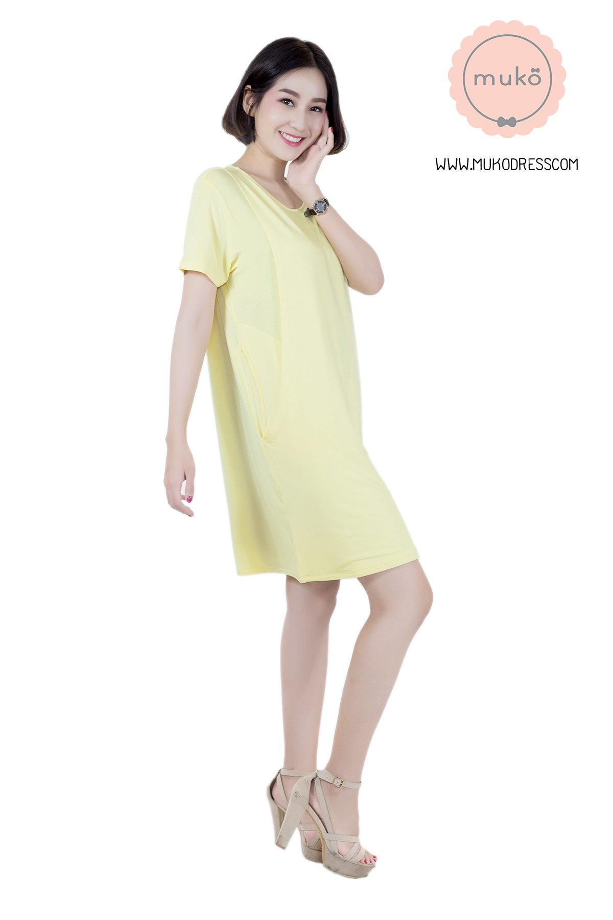 Muko Shilin เดรสให้นม คลุมท้อง  DR12-013 สีเหลืองนม