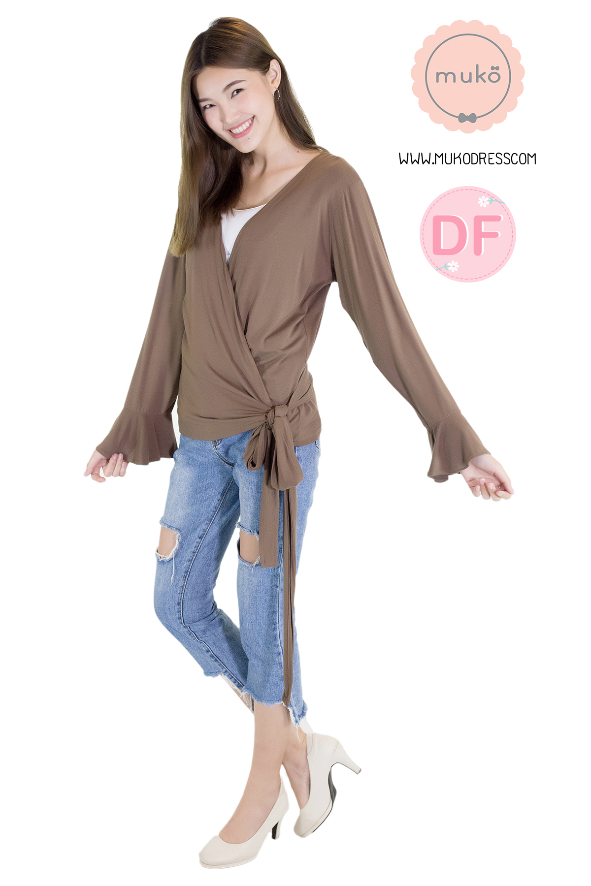 Muko Aubree Cardigan เสื้อคลุมผ้าคอตตอนยืดญี่ปุ่น AB07-005DF สีน้ำตาล Muko Aubree Cardigan เสื้อคลุมผ้าคอตตอนยืดญี่ปุ่น AB07-005DF สีน้ำตาล