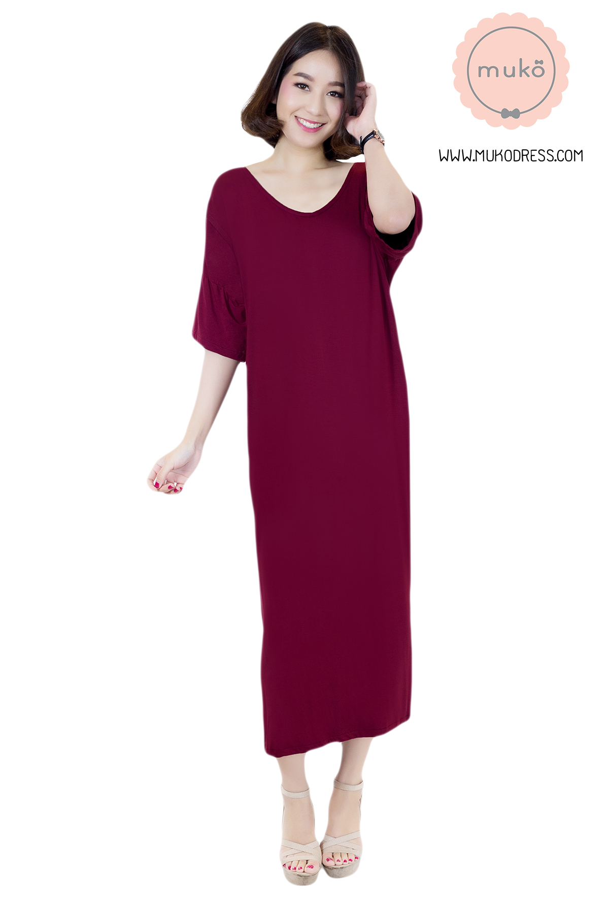 Muko Audrey  ชุดคลุมท้อง เปิดให้นม DR22-002 สีแดงเลือดหมู