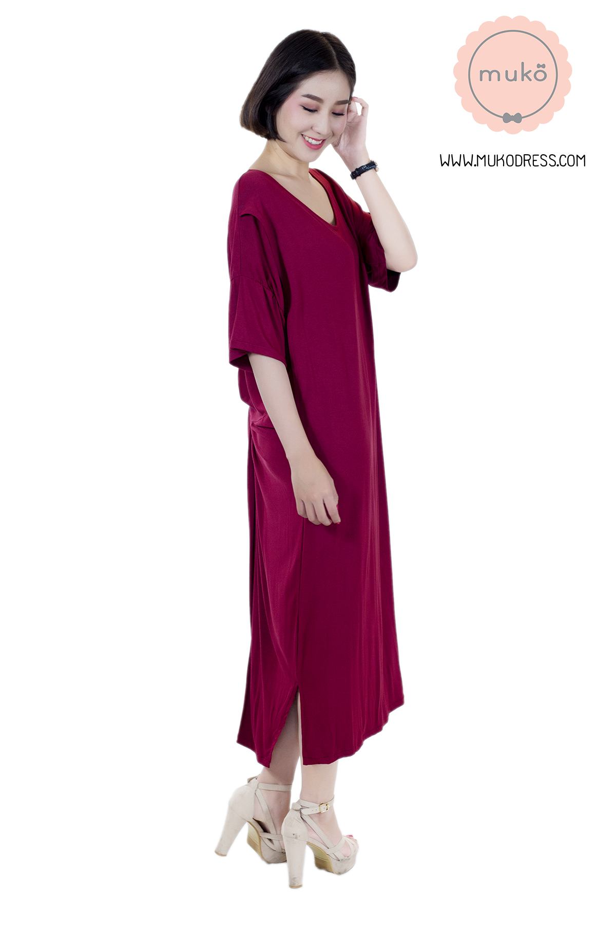 Muko Audrey  ชุดคลุมท้อง เปิดให้นม DR22-002 สีแดงเลือดหมู