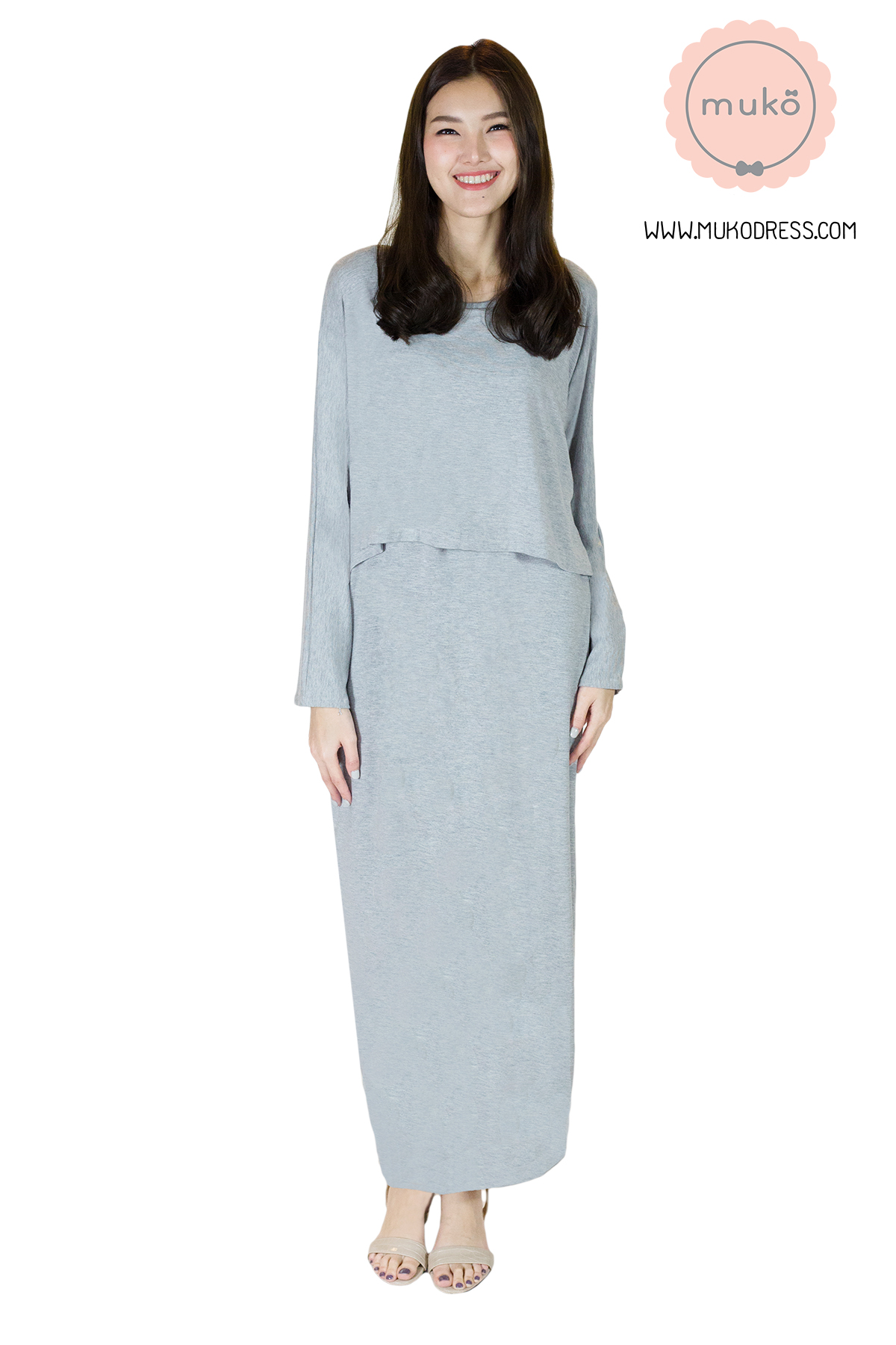 Muko Manami เดรสยาวให้นม คลุมท้อง MR03-004 สีเทาอ่อน