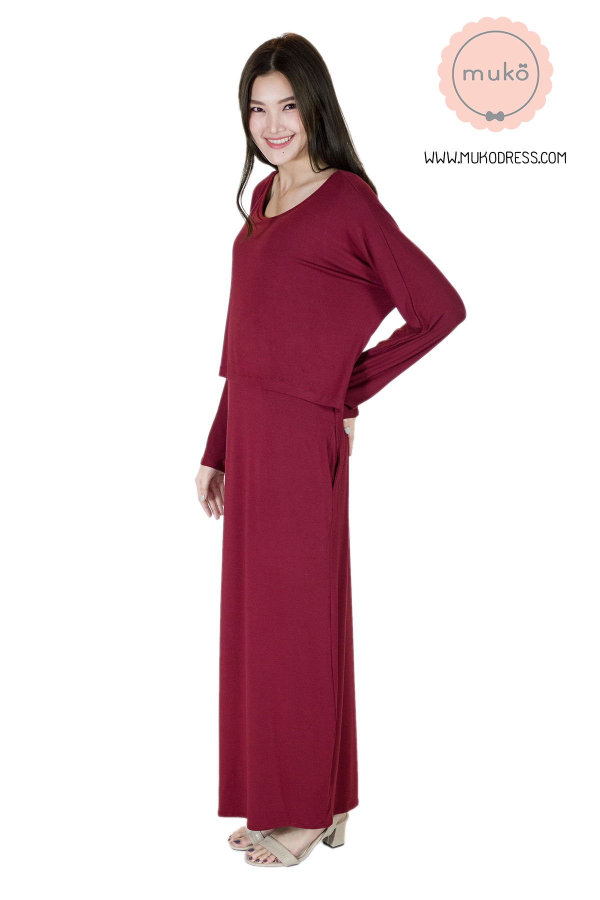 Muko Manami เดรสยาวให้นม คลุมท้อง  MR03-005 สีแดงเลือดหมู