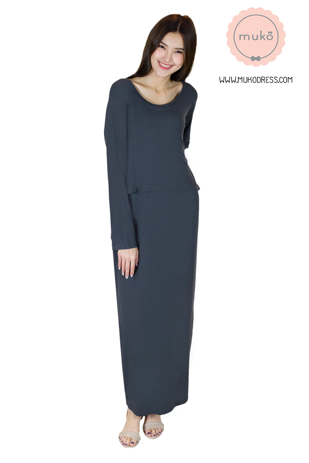 Muko Manami เดรสยาวให้นม คลุมท้อง MR03-008 สีเทาเงา