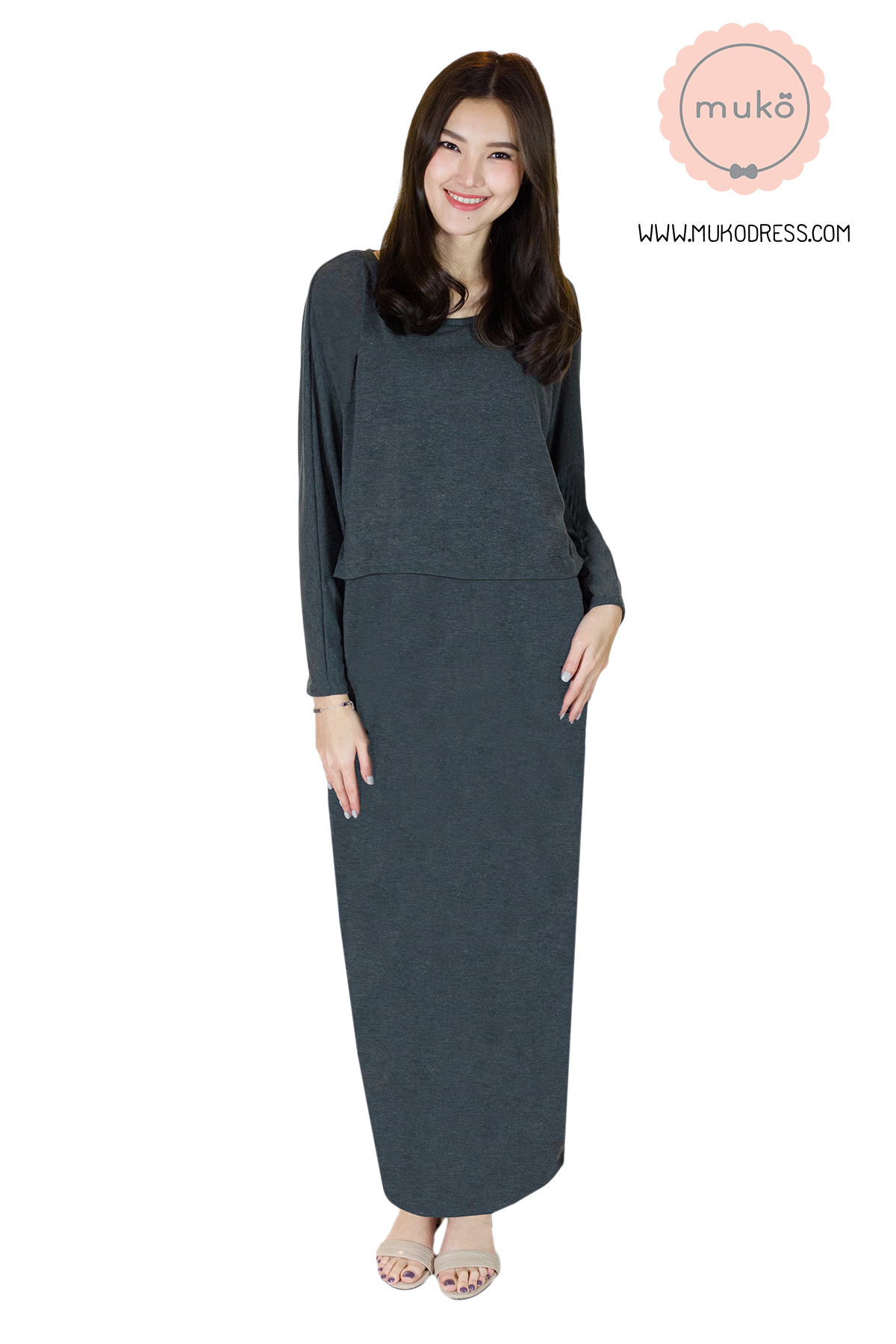 Muko Manami เดรสยาวให้นม คลุมท้อง MR03-009 สีเทาเข้ม