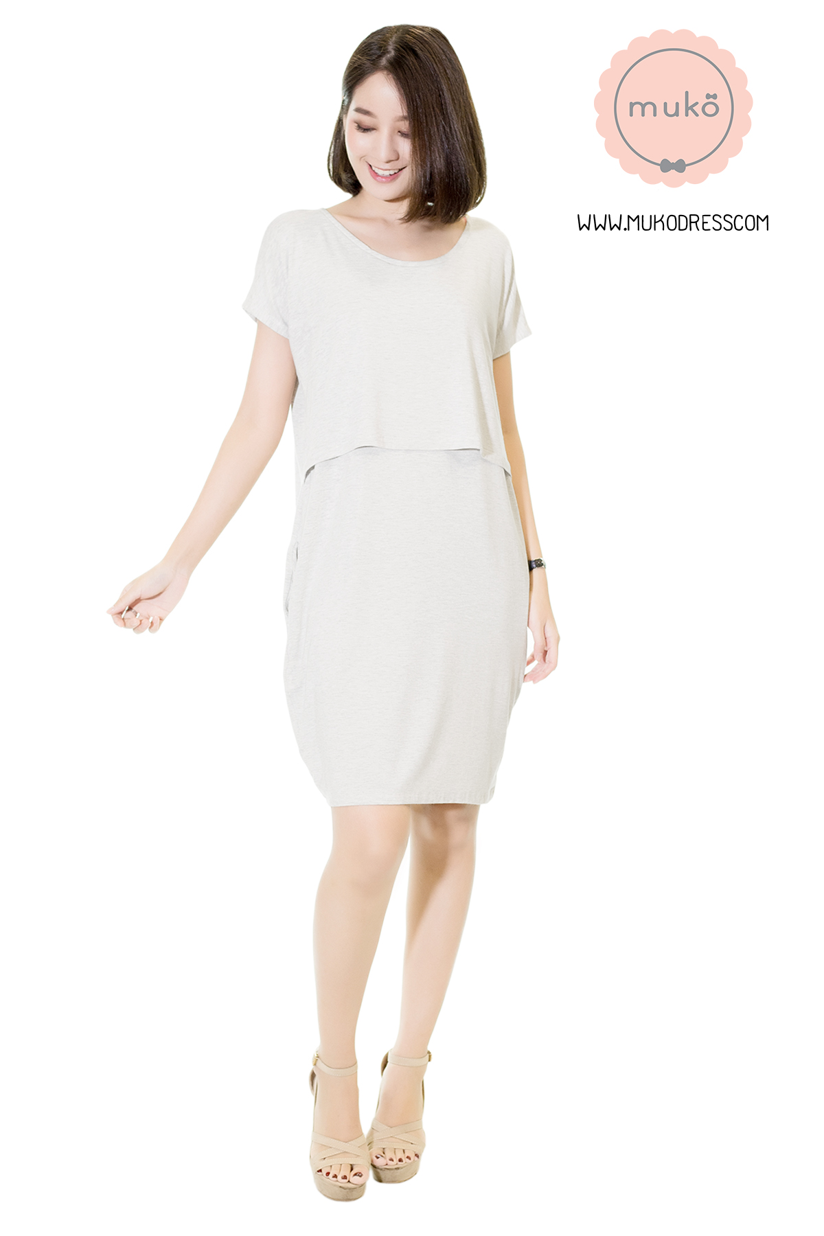 Muko AYA Jane เดรสให้นม คลุมท้อง DR15-008 สีเทาอ่อนมาก