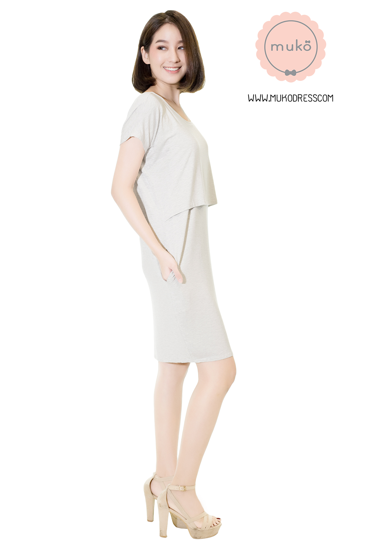 Muko AYA Jane เดรสให้นม คลุมท้อง DR15-008 สีเทาอ่อนมาก