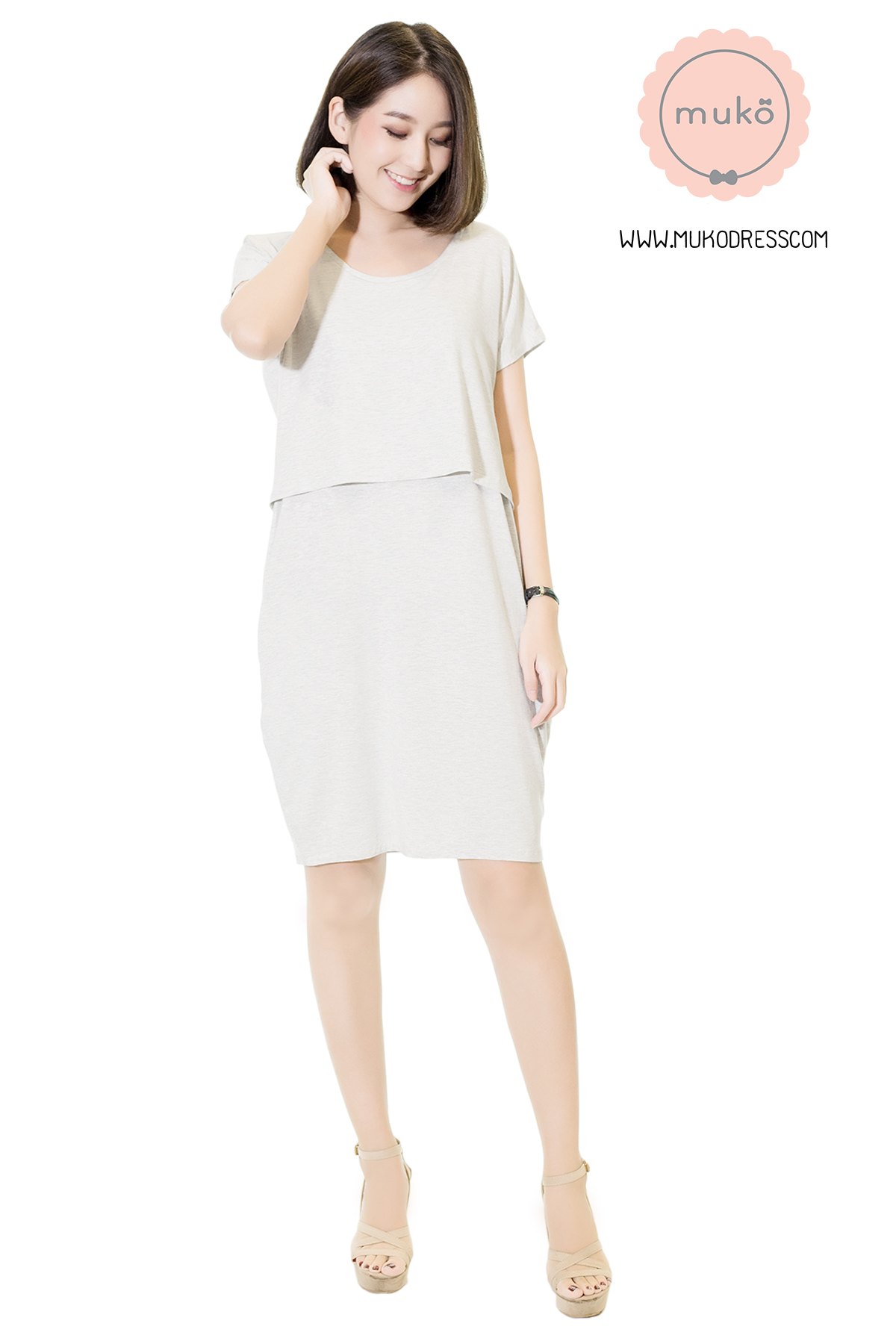Muko AYA Jane เดรสให้นม คลุมท้อง DR15-008 สีเทาอ่อนมาก
