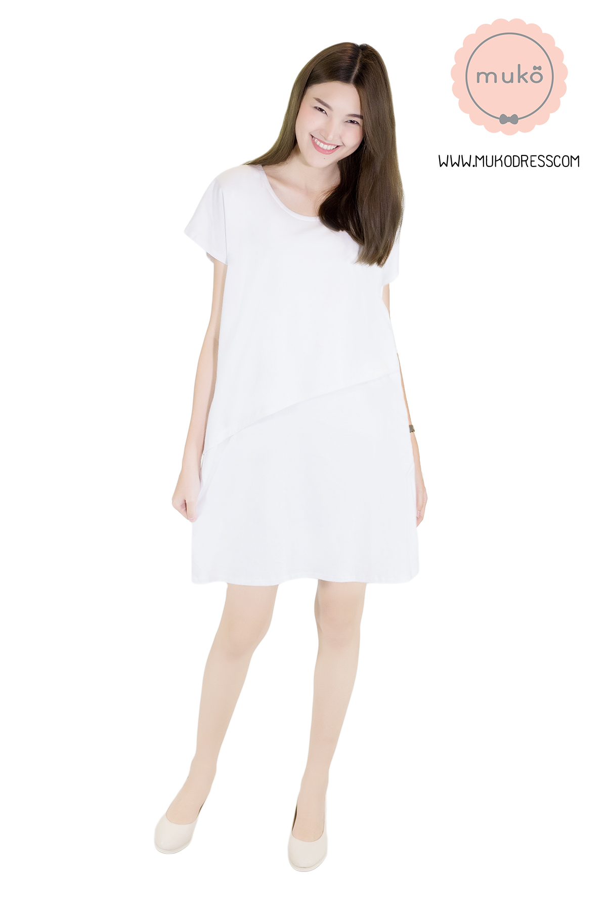 Muko Milin เดรสให้นม คลุมท้องทูโทน DR14-012 ขาวล้วน**ความยาว 31