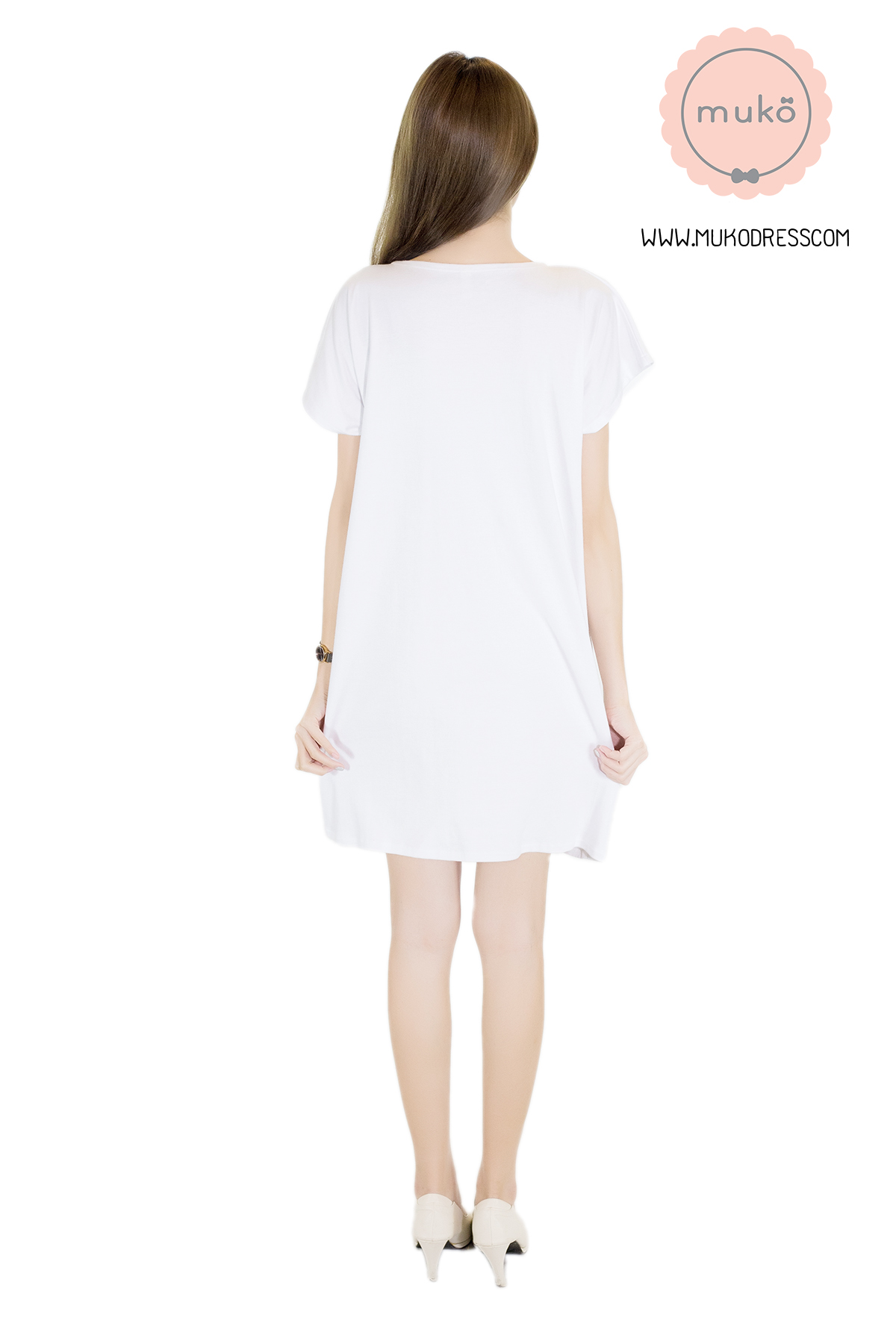 Muko Milin เดรสให้นม คลุมท้องทูโทน DR14-012 ขาวล้วน**ความยาว 31