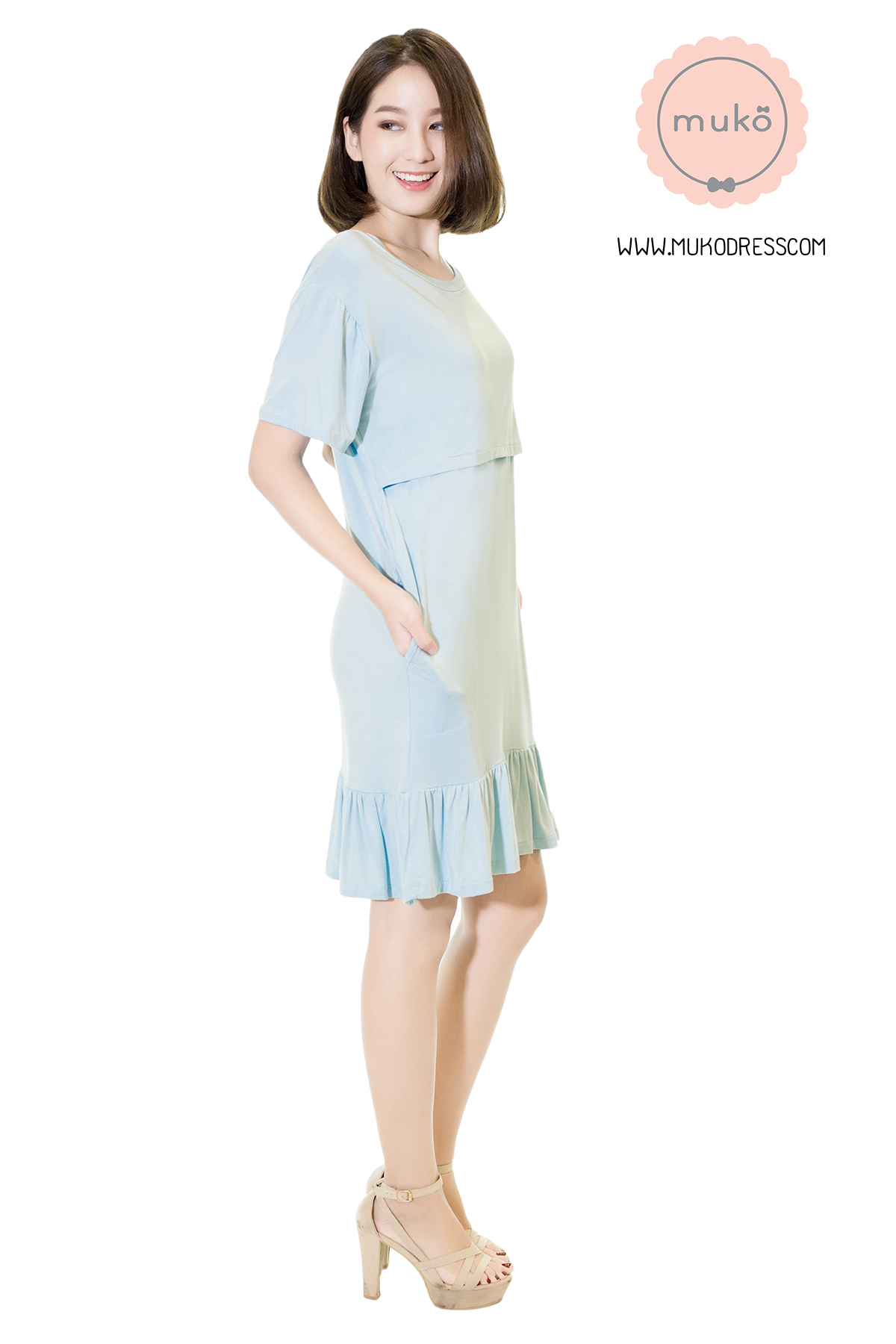 Muko Haru เดรสให้นม คลุมท้อง DR13-006M สีฟ้า