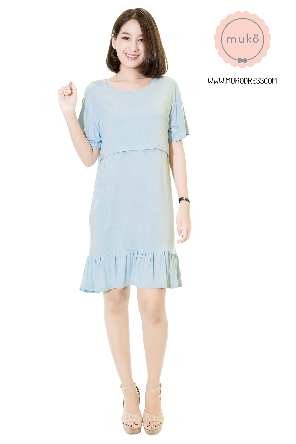 Muko Haru เดรสให้นม คลุมท้อง DR13-006M สีฟ้า