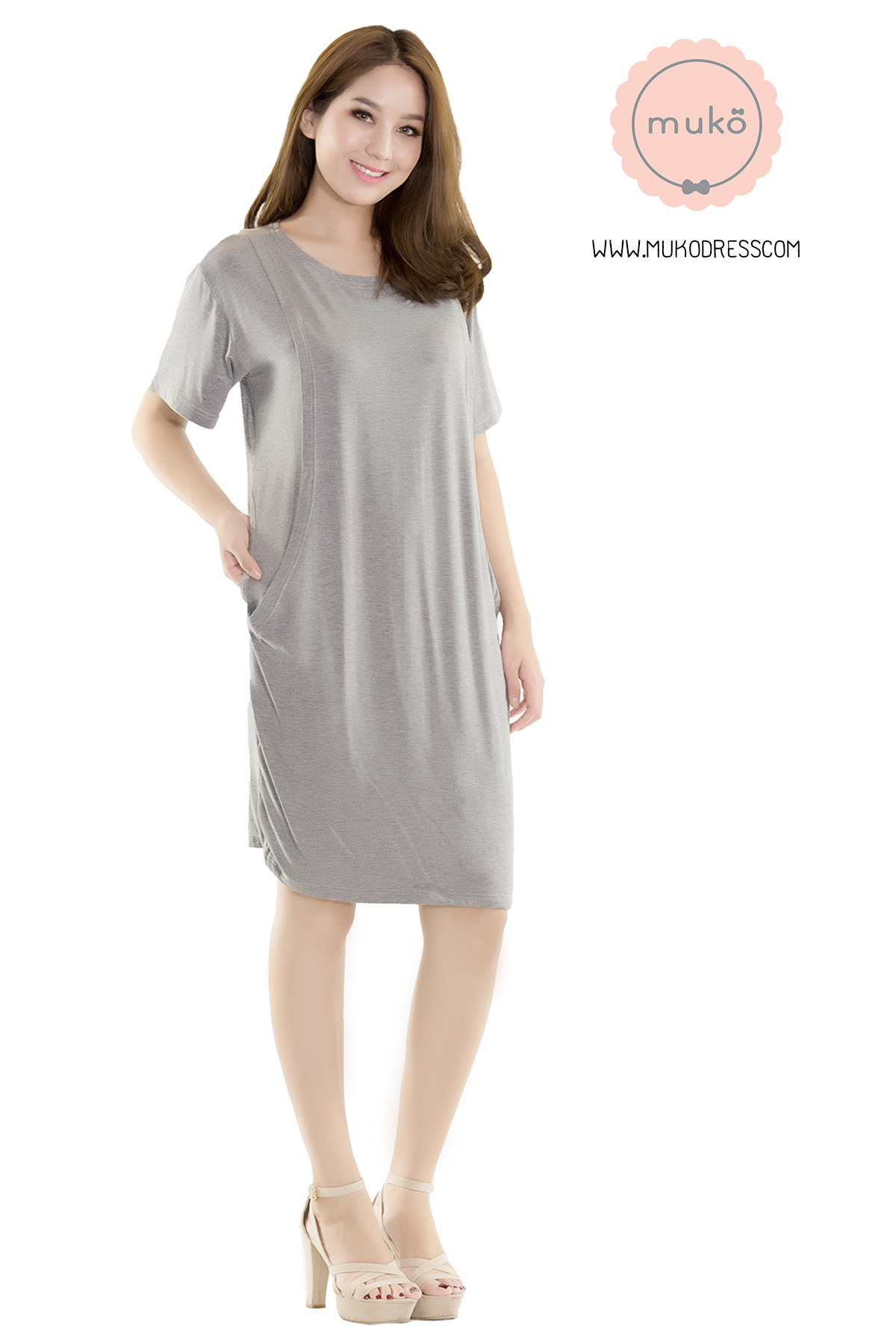 Muko Shilin เดรสให้นม คลุมท้อง DR12-002 สีเทาอ่อน