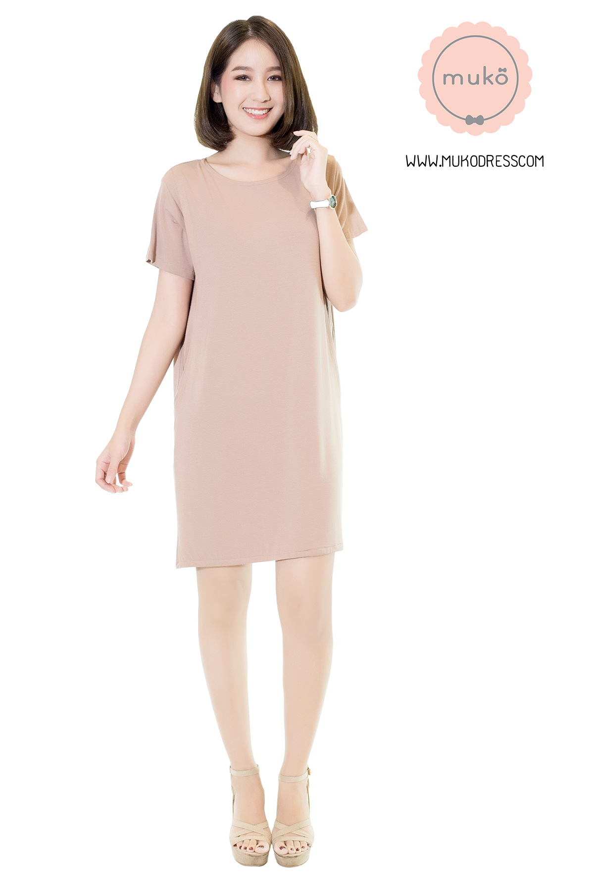 Muko Shilin เดรสให้นม คลุมท้อง DR12-008 สีลาเต้