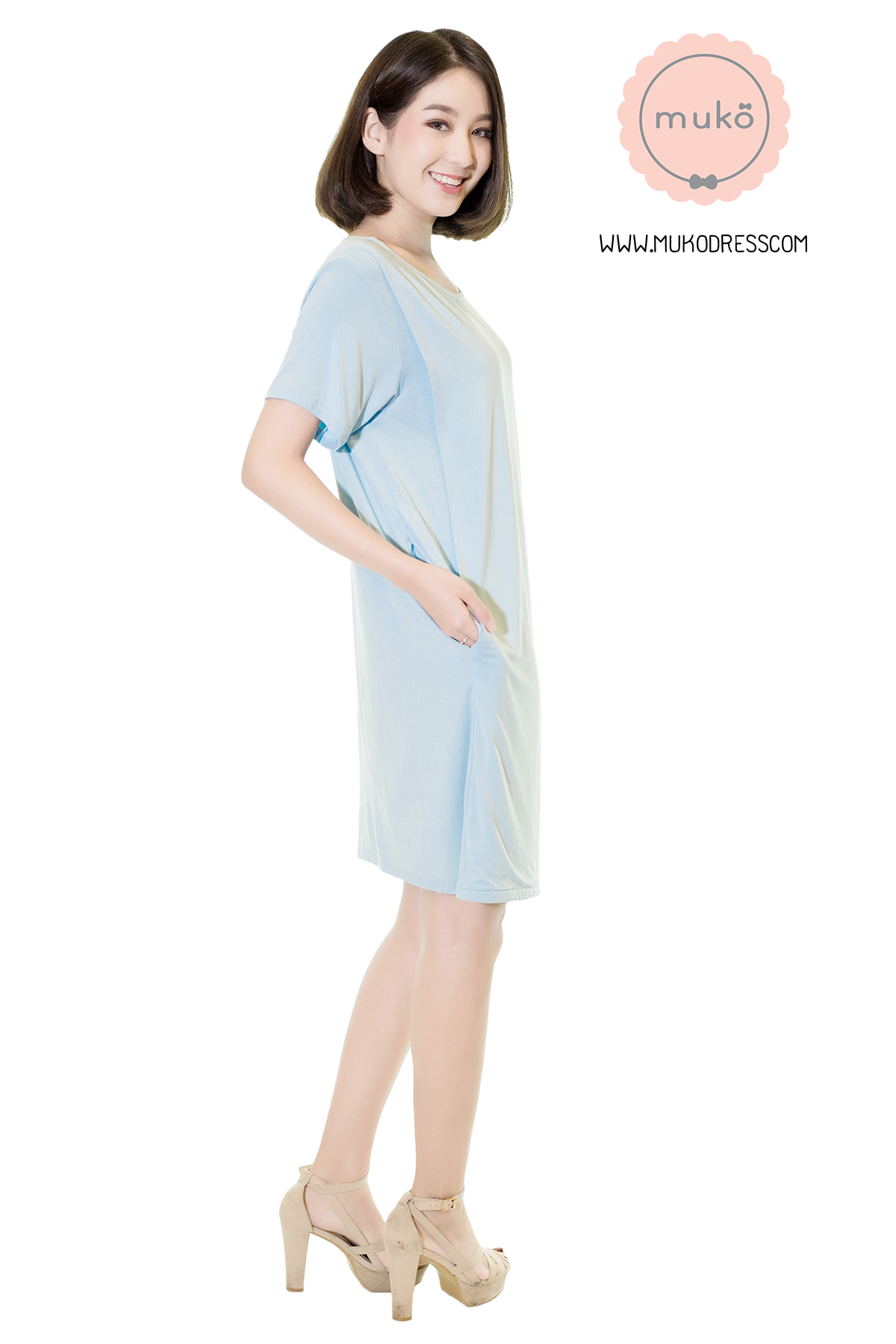 Muko Shilin เดรสให้นม คลุมท้อง DR12-009 สีฟ้านม Muko Shilin เดรสให้นม คลุมท้อง DR12-009 สีฟ้านม