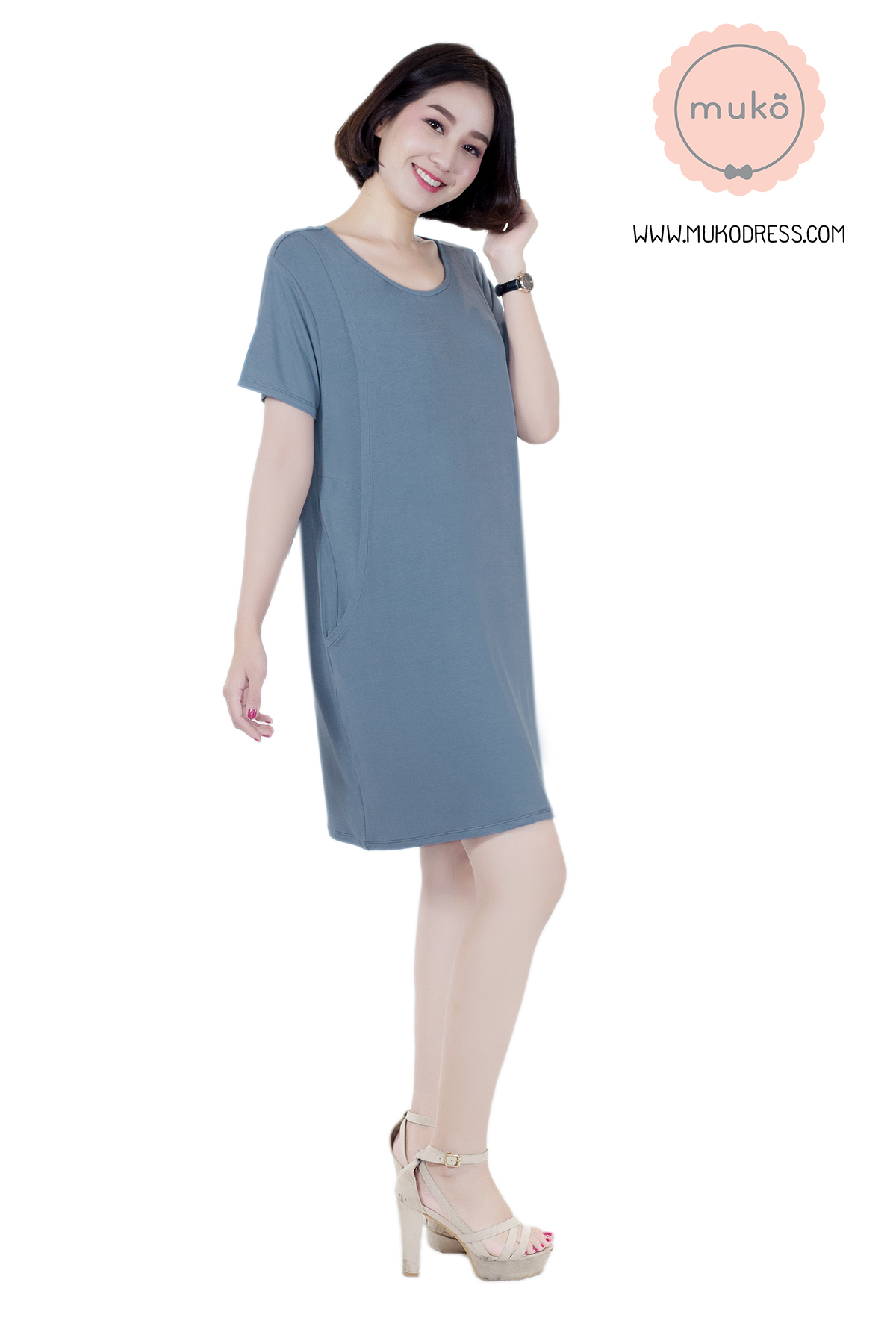 Muko Shilin เดรสให้นม คลุมท้อง  DR12-015 สีคราม