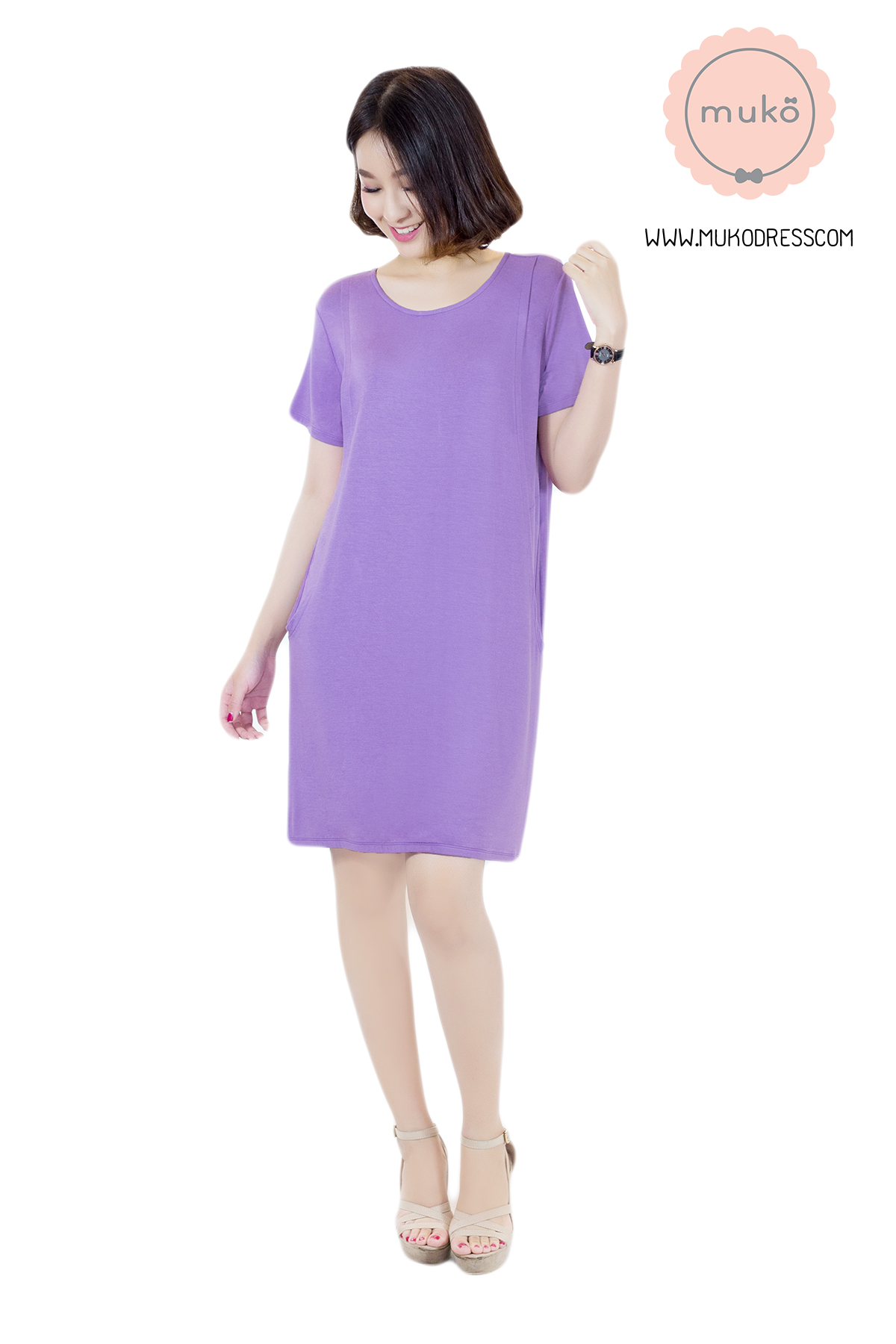 Muko Shilin เดรสให้นม คลุมท้อง DR12-017 สีม่วงนม