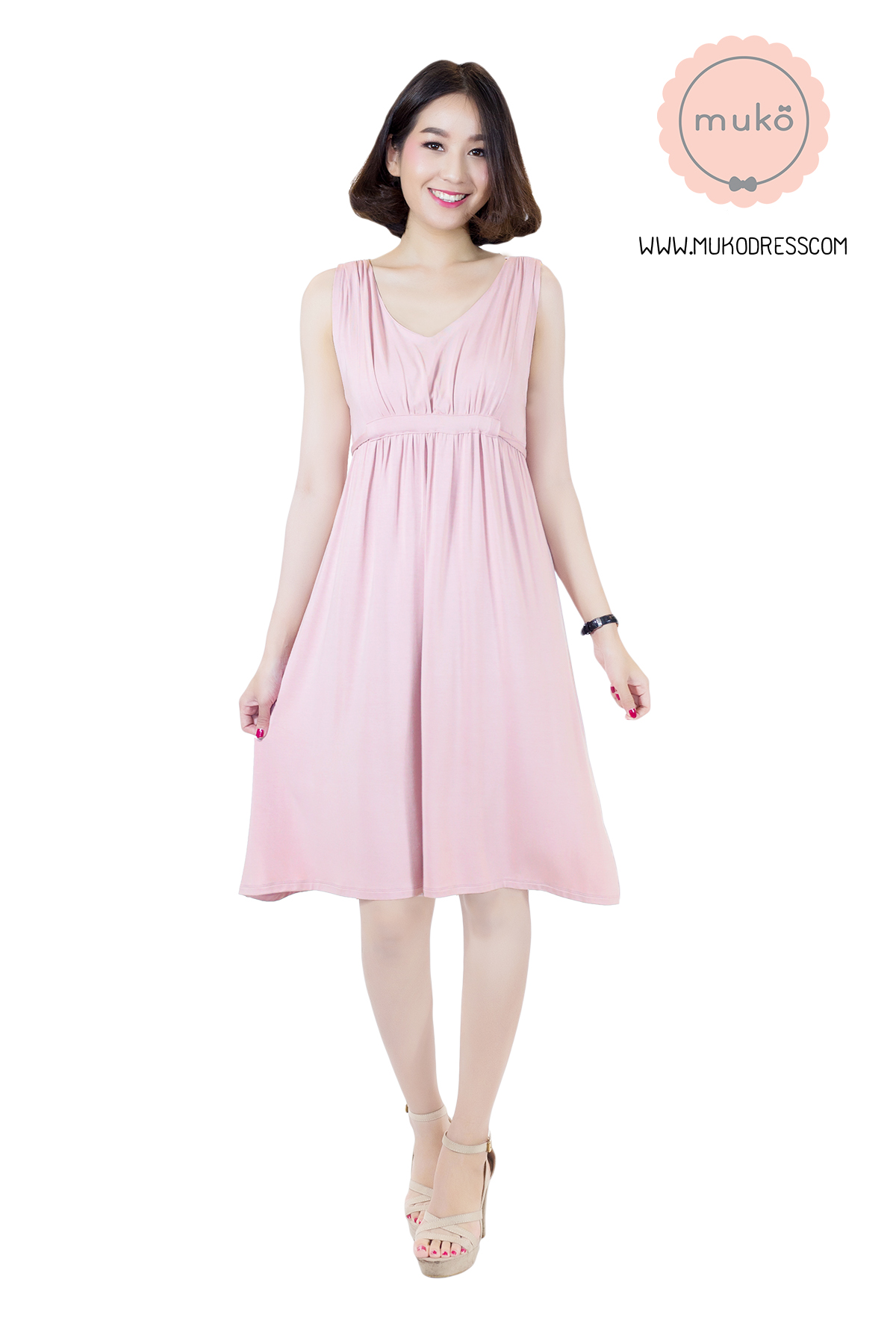 Muko Little Brownie (ชุดยาว 36”) เดรสให้นม คลุมท้อง DR07-007 สีนู๊ด