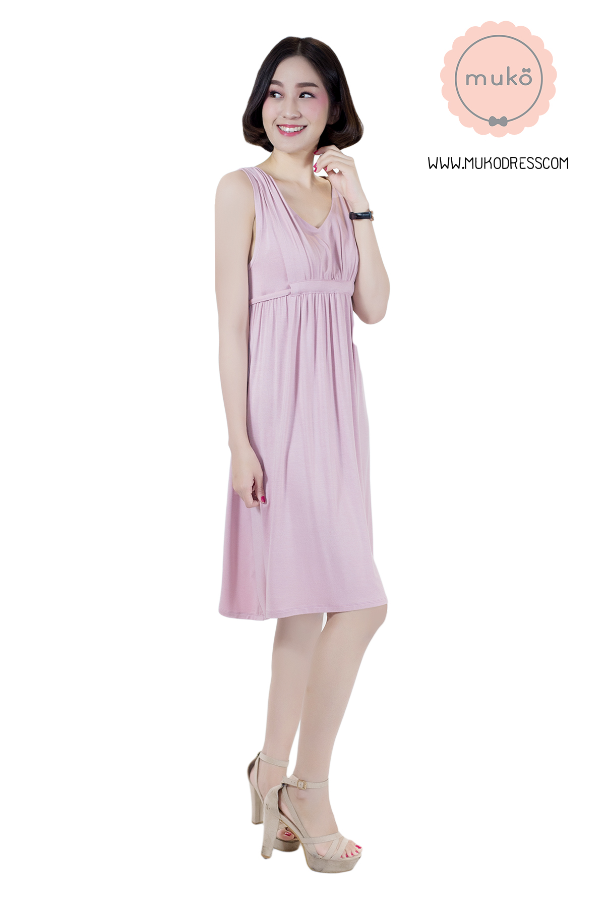 Muko Little Brownie (ชุดยาว 36”) เดรสให้นม คลุมท้อง DR07-007 สีนู๊ด