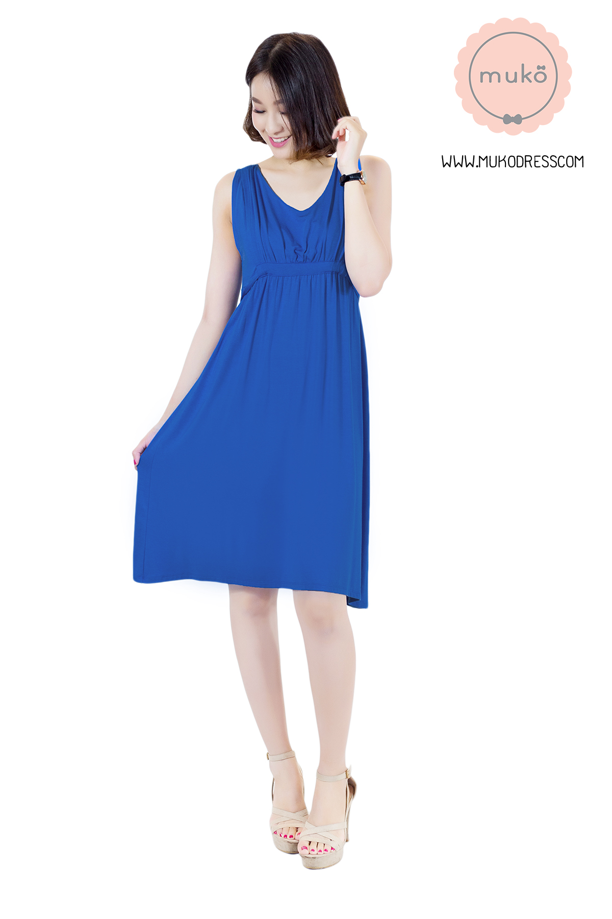 Muko Little Brownie (ชุดยาว 42”) เดรสให้นม คลุมท้อง DR07-014 สีน้ำเงิน