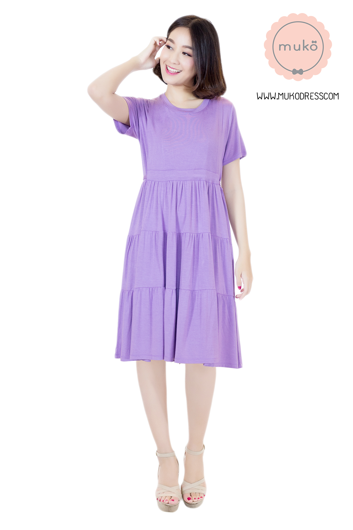 Muko Bello Betty เดรสให้นม คลุมท้อง DR02-004 สีม่วงนม Muko Bello Betty เดรสให้นม คลุมท้อง DR02-004 สีม่วงนม