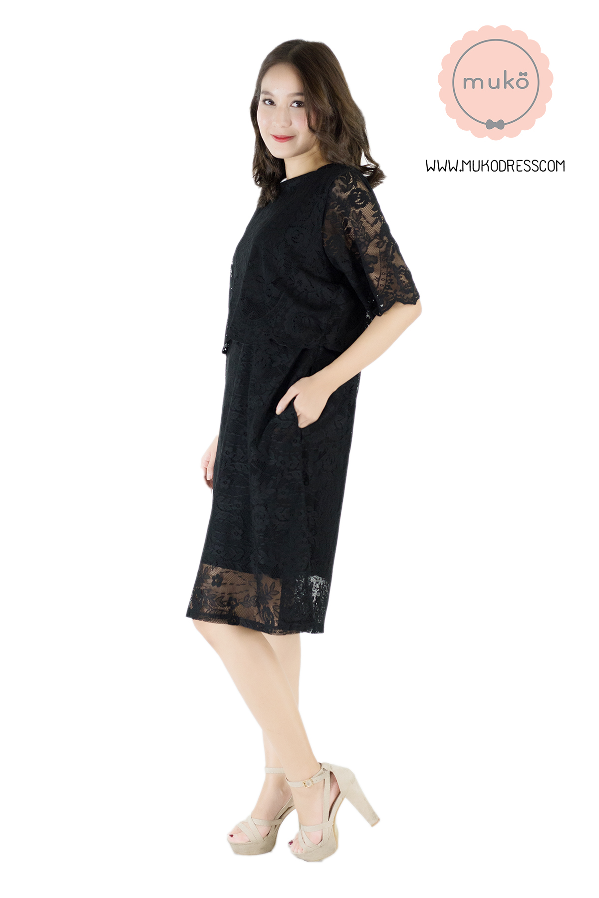 Muko Rosie Lace Dress เดรสเปิดให้นม คลุมท้อง DZ23-004 สีดำ Muko Rosie Lace Dress เดรสเปิดให้นม คลุมท้อง DZ23-004 สีดำ